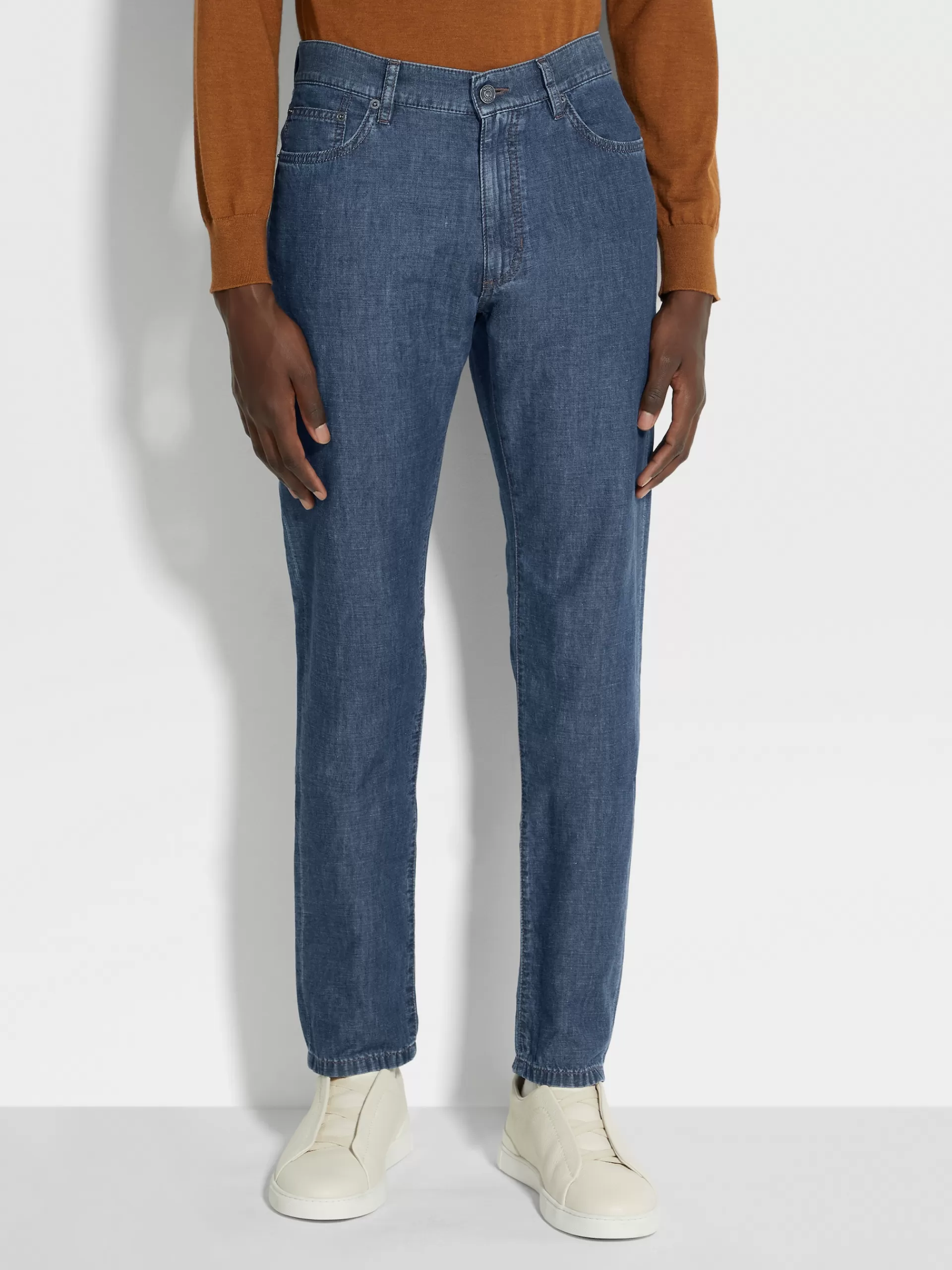 ZEGNA Jeans^Calças De Ganga Azul-Escuras Desbotadas Em Algodao E Linho Com 5 Bolsos Azul-Escuro