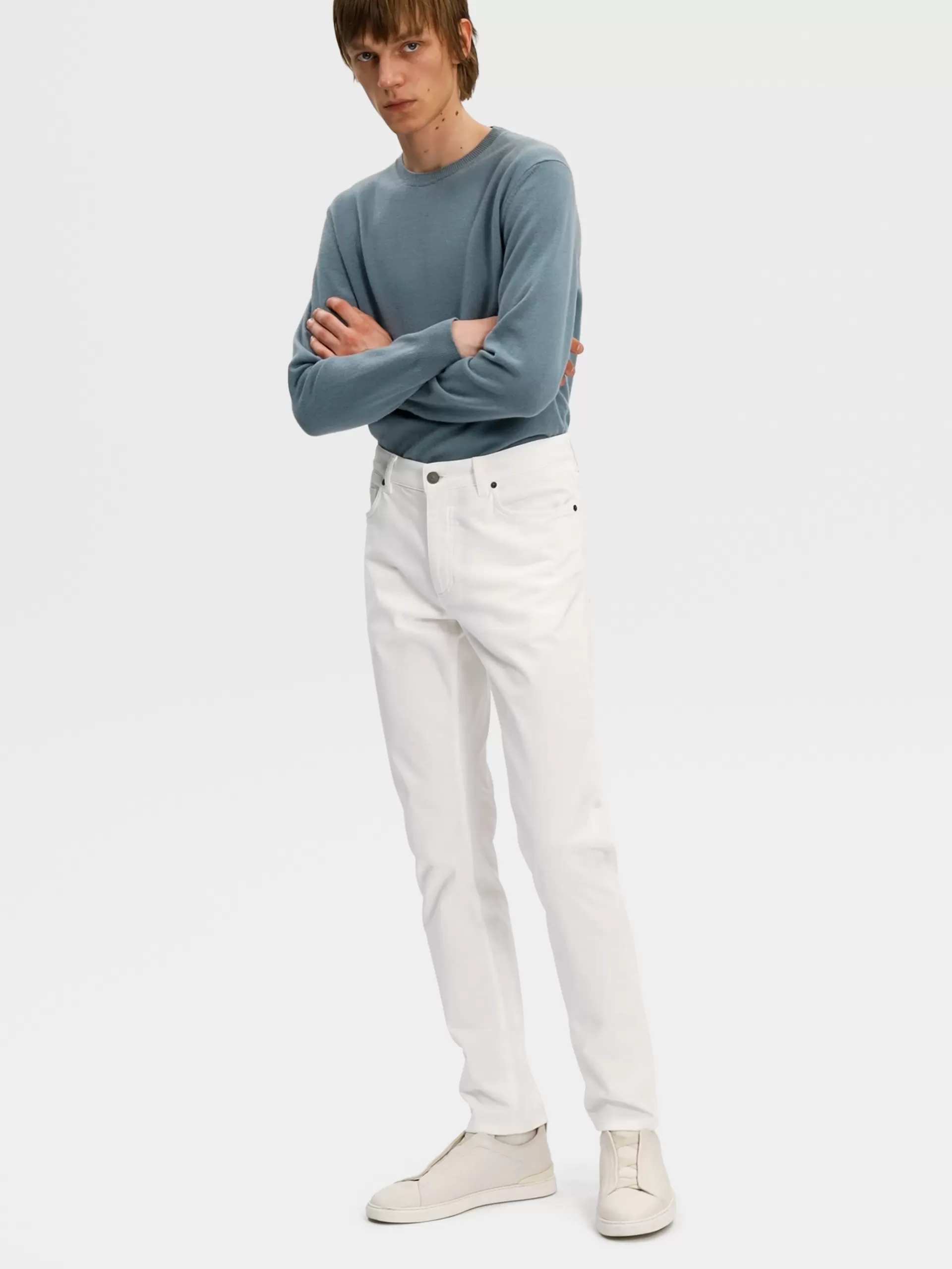 ZEGNA Jeans^Calças De Ganga City Em Gabardina De Algodao Elastico Com Tingimento Em Peca E 5 Bolsos Brancas Branco