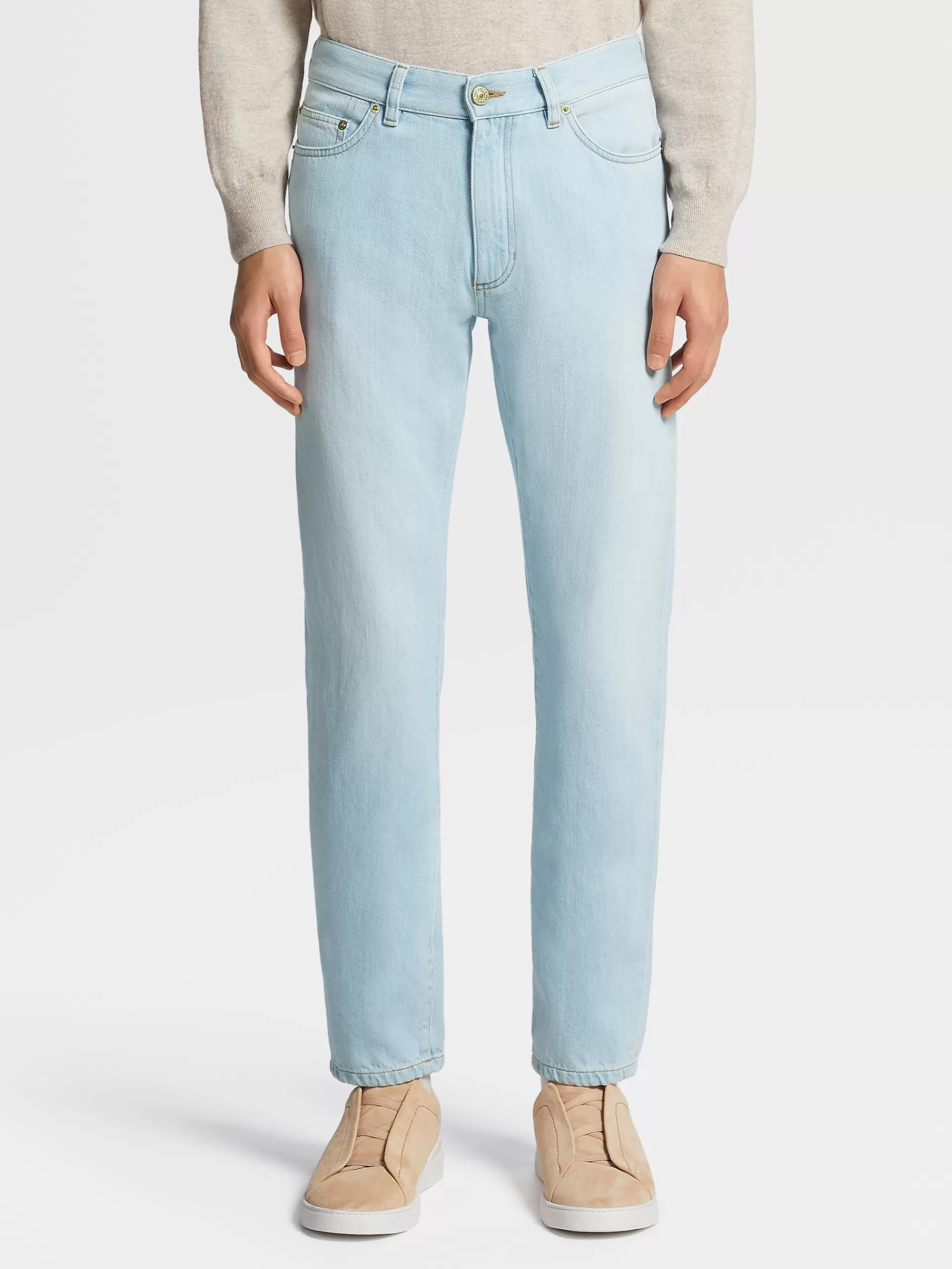 ZEGNA Jeans^Calças De Ganga Em Algodao Com Efeito Desbotado E 5 Bolsos No Tom Azul-Claro