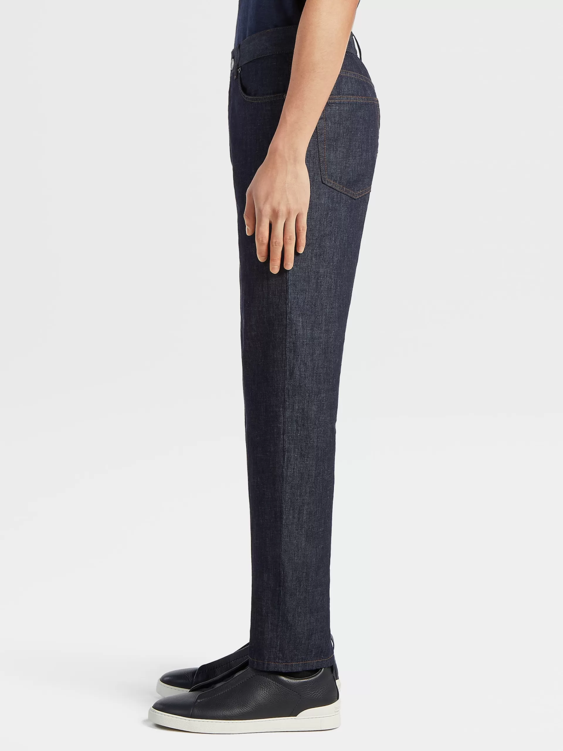 ZEGNA Jeans^Calças De Ganga Em Algodao E Linho Com Lavagem Azul-Escura E 5 Bolsos Azul-Escuro