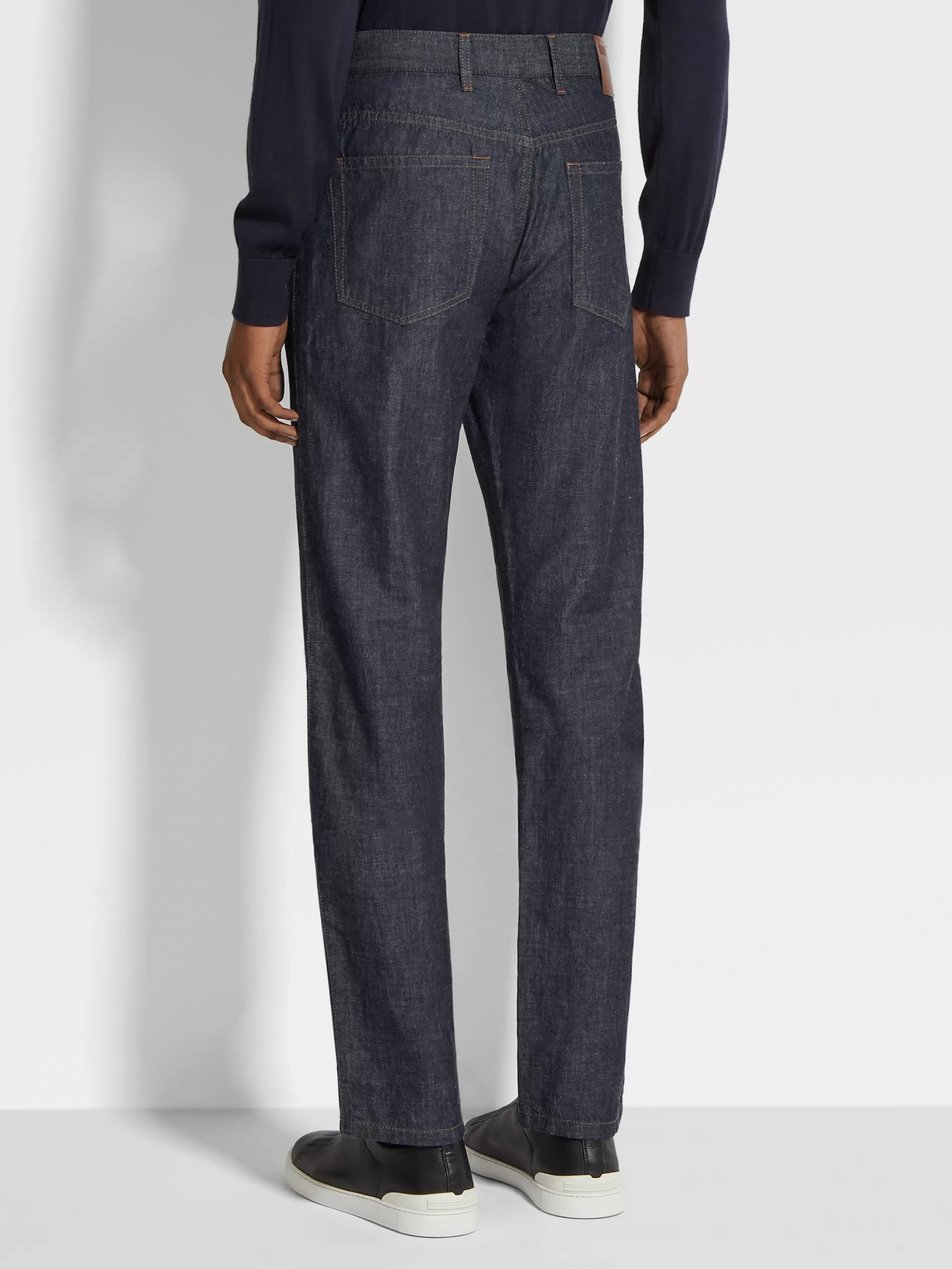 ZEGNA Jeans^Calças De Ganga Em Algodao E Linho Com Lavagem Azul-Escura E 5 Bolsos Azul-Escuro