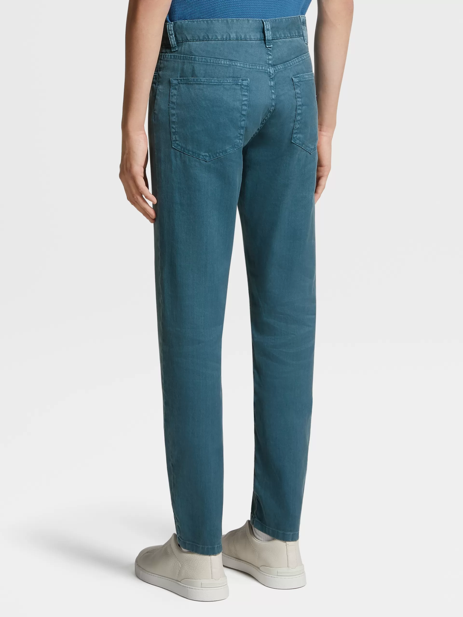 ZEGNA Jeans^Calças De Ganga No Tom Em Algodao Elastico E Linho Com Tingimento Em Peca E 5 Bolsos Azul-Petroleo