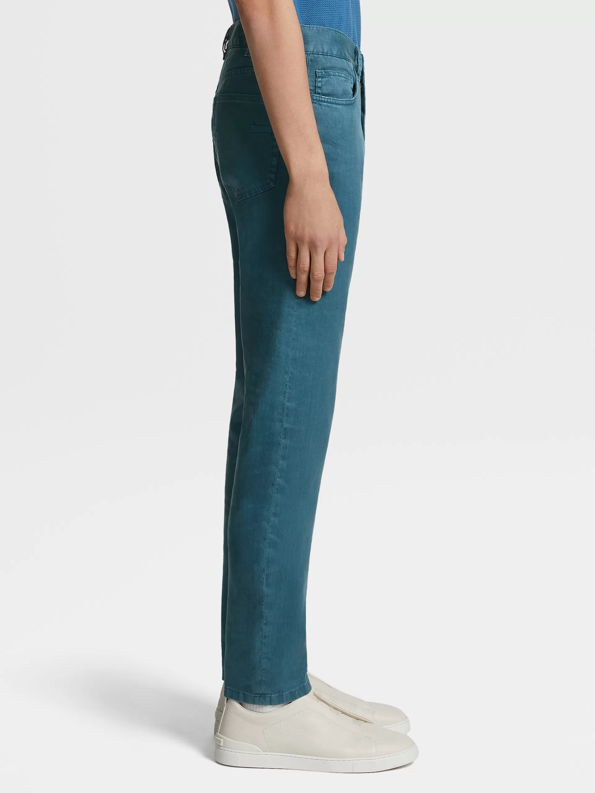 ZEGNA Jeans^Calças De Ganga No Tom Em Algodao Elastico E Linho Com Tingimento Em Peca E 5 Bolsos Azul-Petroleo