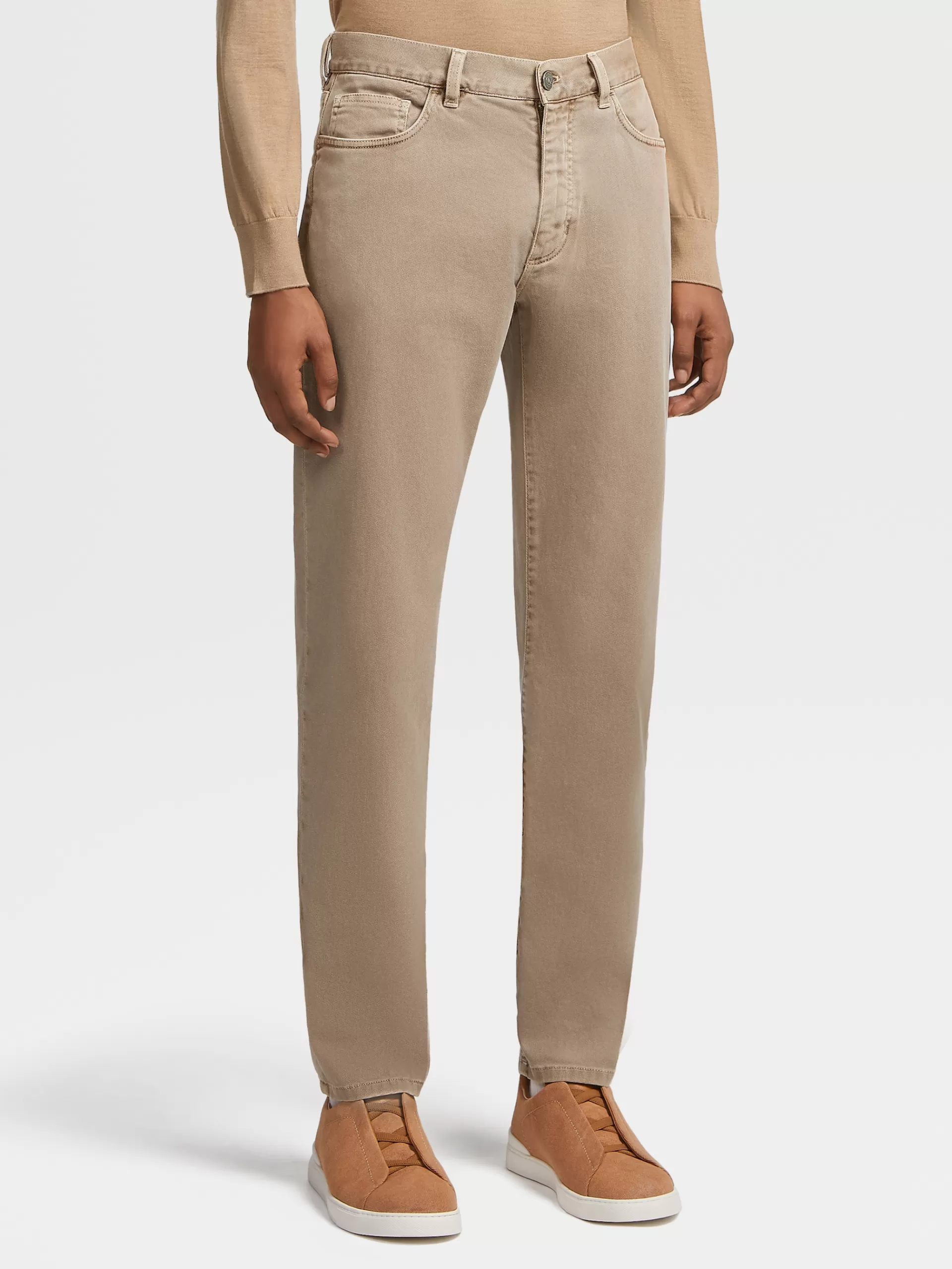 ZEGNA Jeans^Calças De Ganga No Tom Em Algodao Elastico Tingido Com 5 Bolsos Camel Desbotado