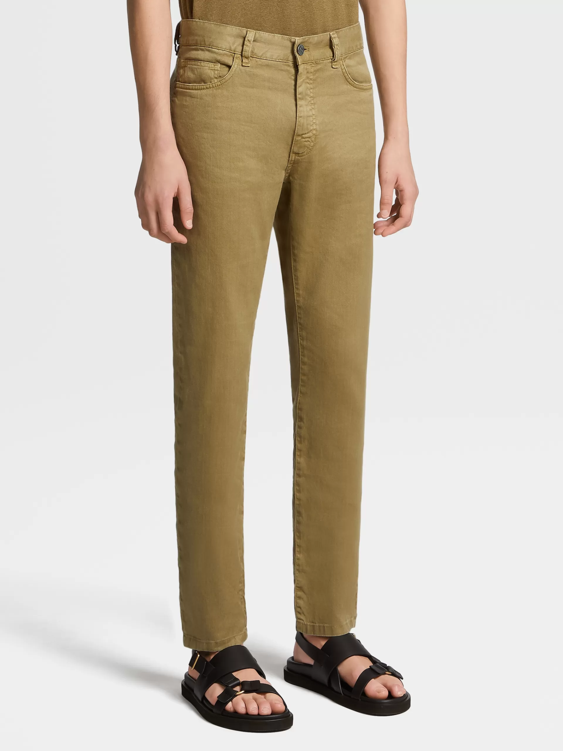 ZEGNA Jeans^Calças De Ganga No Tom Verde-Tropaclaro Em Algodao Elastico E Linho Com Tingimento Em Peca E 5 Bolsos Verde-Tropa Claro