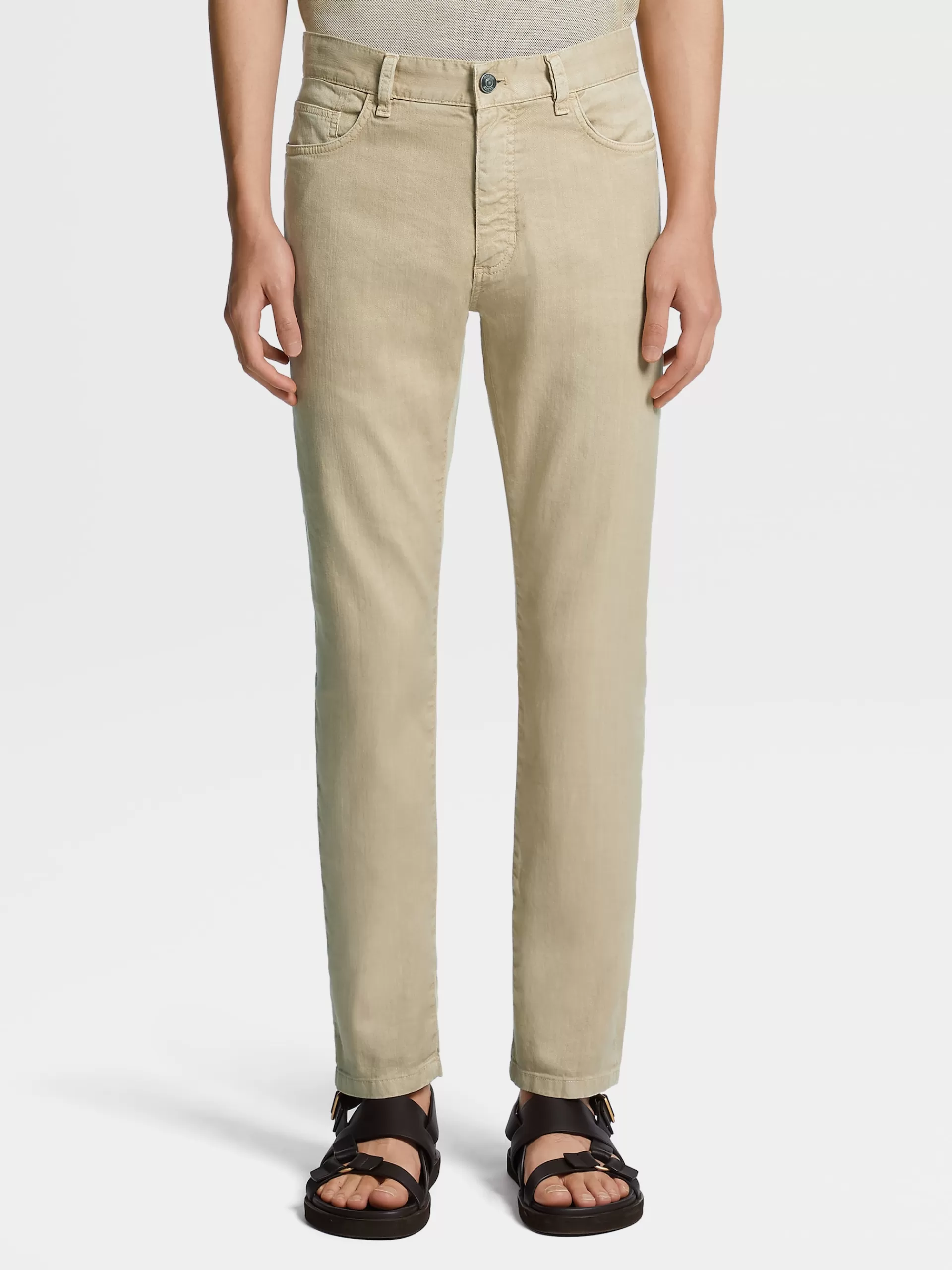 ZEGNA Jeans^Calças De Ganga S Em Algodao Elastico E Linho Com Tingimento Em Peca E 5 Bolsos Bege
