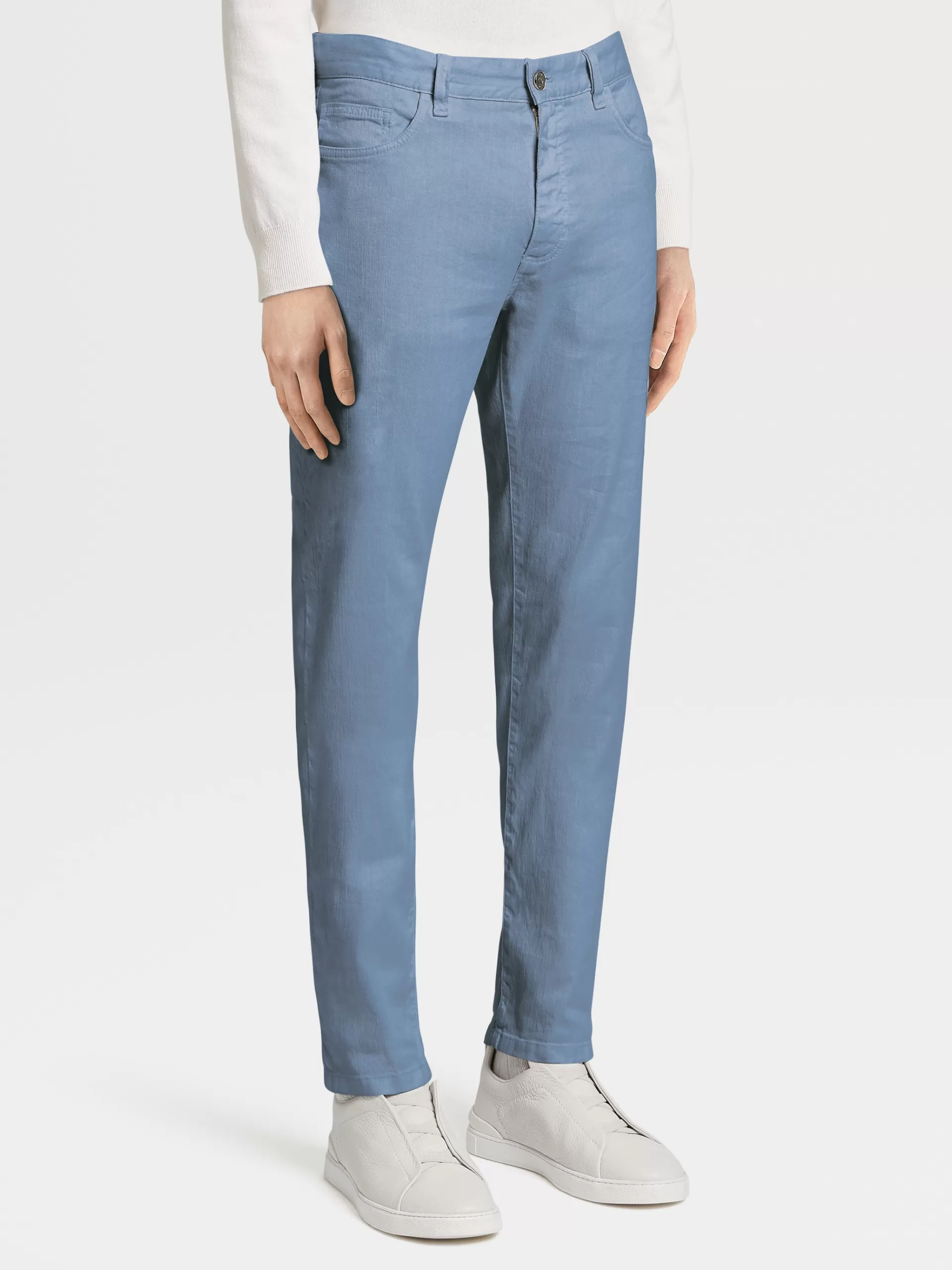 ZEGNA Jeans^Calças Em Mistura De Linho Elastico Com Tingimento Em Peca Azul Avio