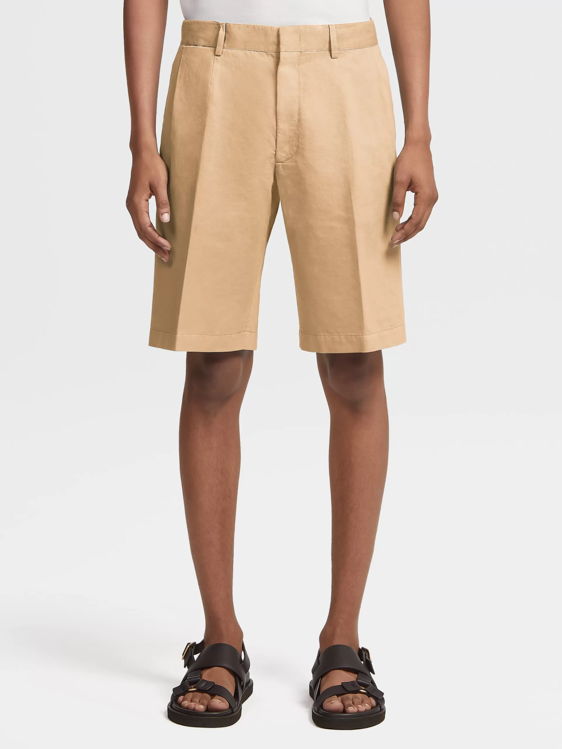 ZEGNA Calças^Calcoes S Summer Chino Em Algodao E Linho Bege-Claro