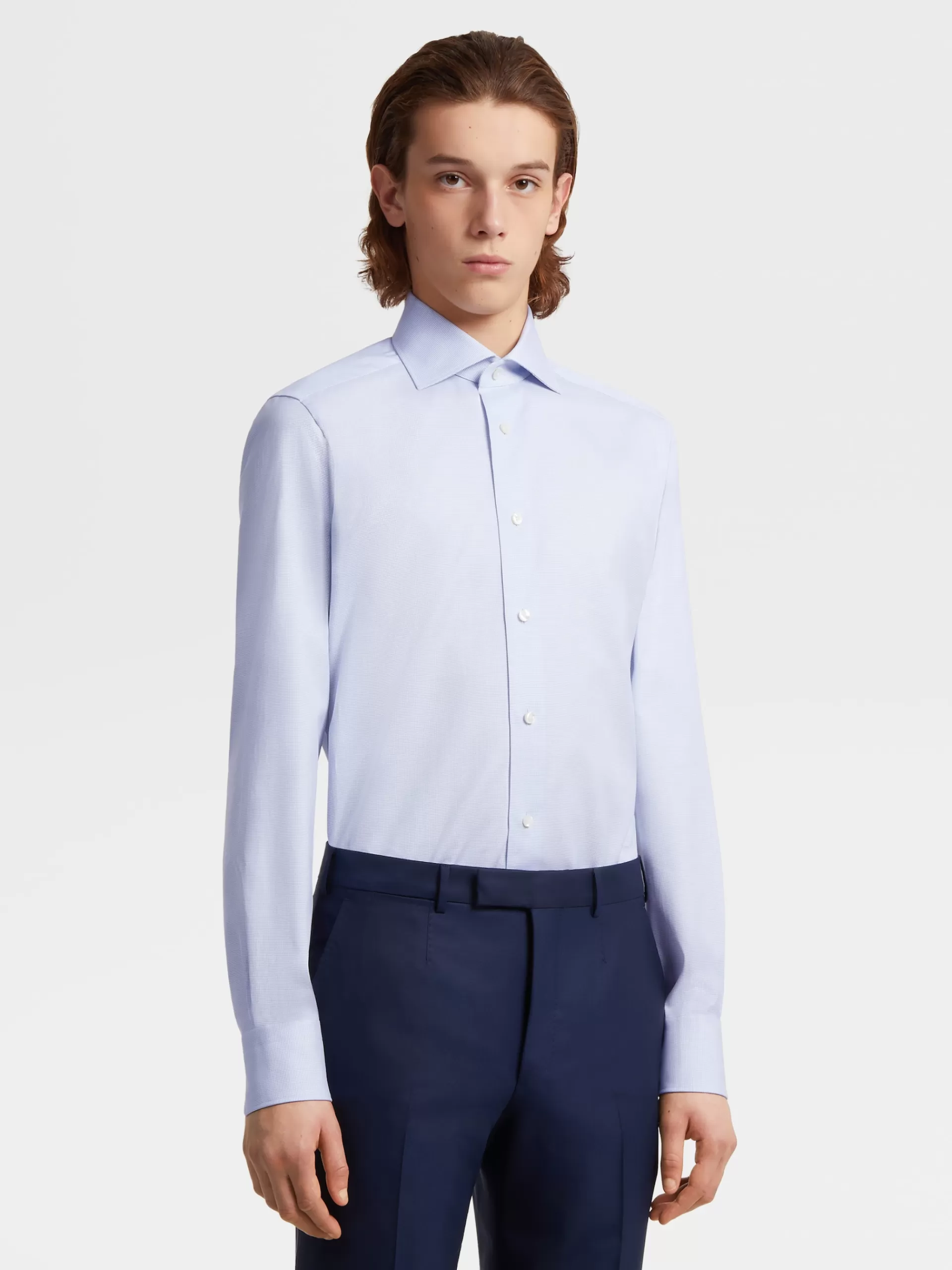 ZEGNA Camisas Para Homem^Camisa De Alfaiataria De Manga Comprida Azul E Branca Em Algodao Trofeo™ Azul/Branco
