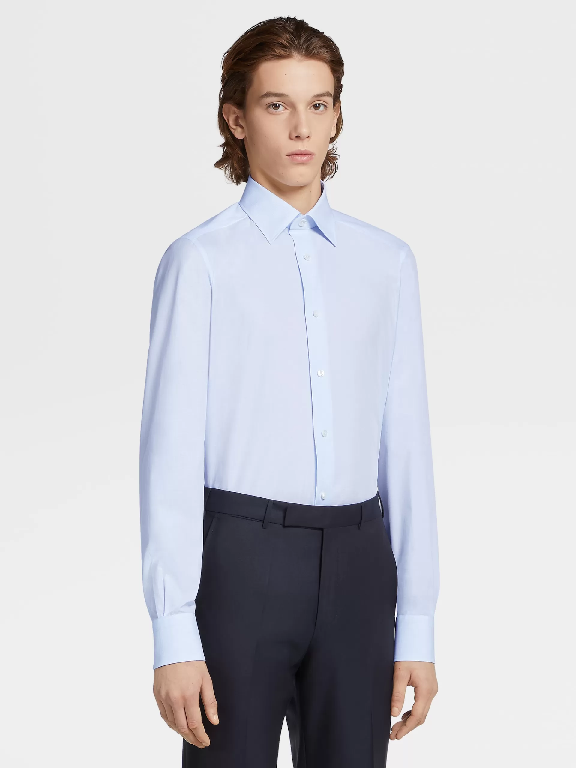 ZEGNA Camisas Para Homem^Camisa De Alfaiataria De Manga Comprida Azul-Clara E Branca Com Micropadrao De Xadrez Em Algodao 100Fili Azul-Claro/Branco