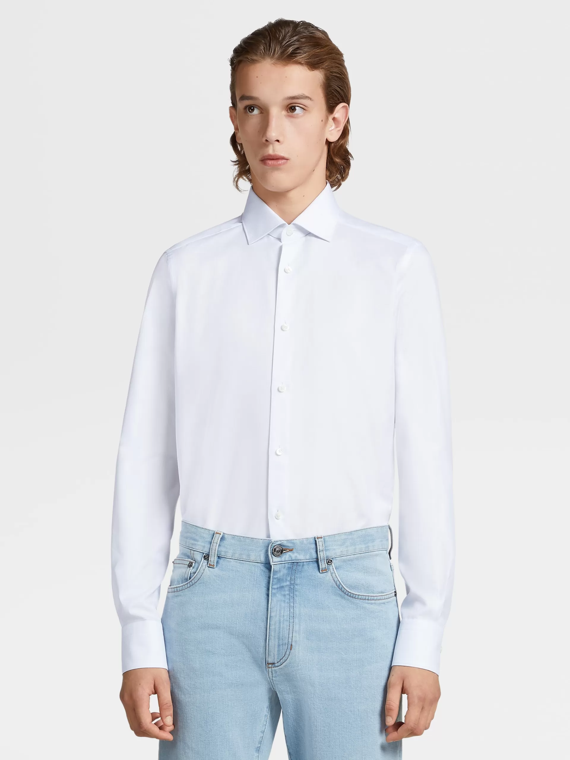 ZEGNA Camisas Para Homem^Camisa De Alfaiataria De Manga Comprida Azul-Clara E Branca Com Microrriscas Em Algodao Trecapi Azul-Claro/Branco
