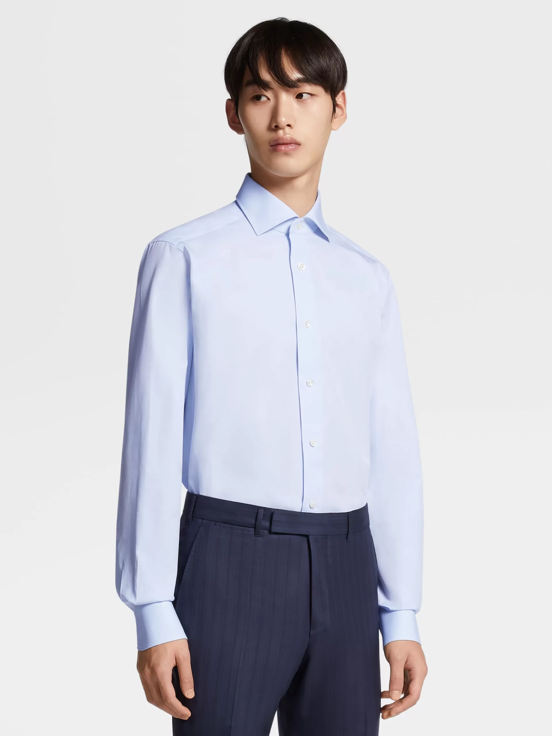 ZEGNA Camisas Para Homem^Camisa De Alfaiataria De Manga Comprida Azul-Clara E Branca Em Algodao Com Micropadrao De Espinha Azul-Claro