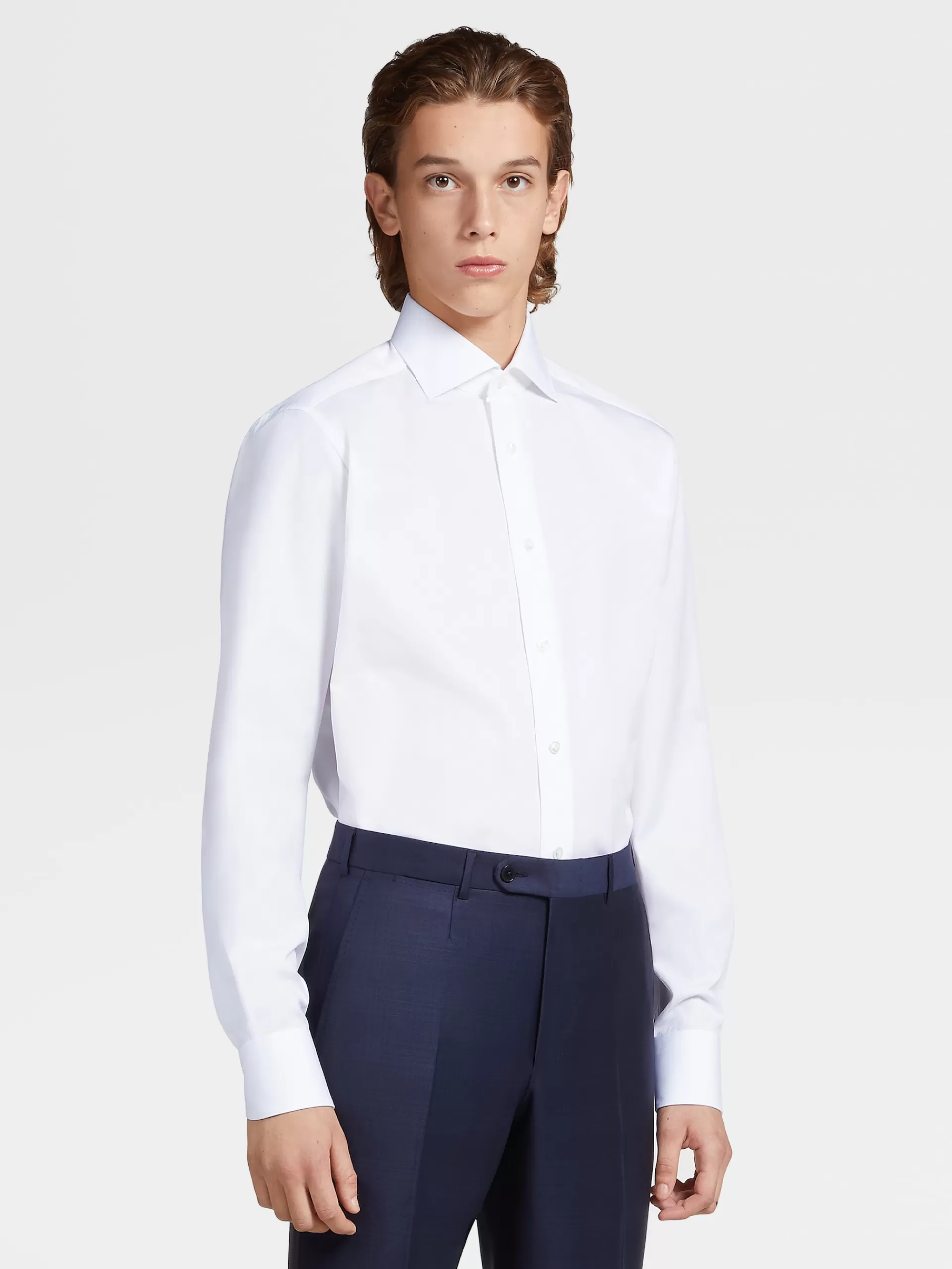 ZEGNA Camisas Para Homem^Camisa De Alfaiataria De Manga Comprida Branca Em Algodao Com Micropadrao De Espinha Branco