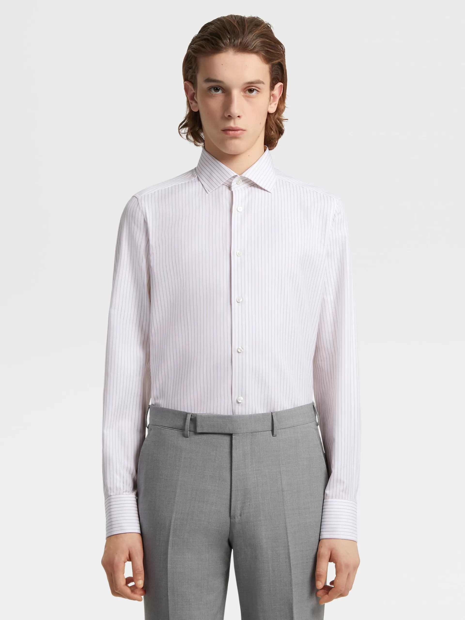 ZEGNA Camisas Para Homem^Camisa De Alfaiataria De Manga Comprida Cor Vicunha E Branca Com Microrriscas Em Algodao Trecapi Vicunha/Branco