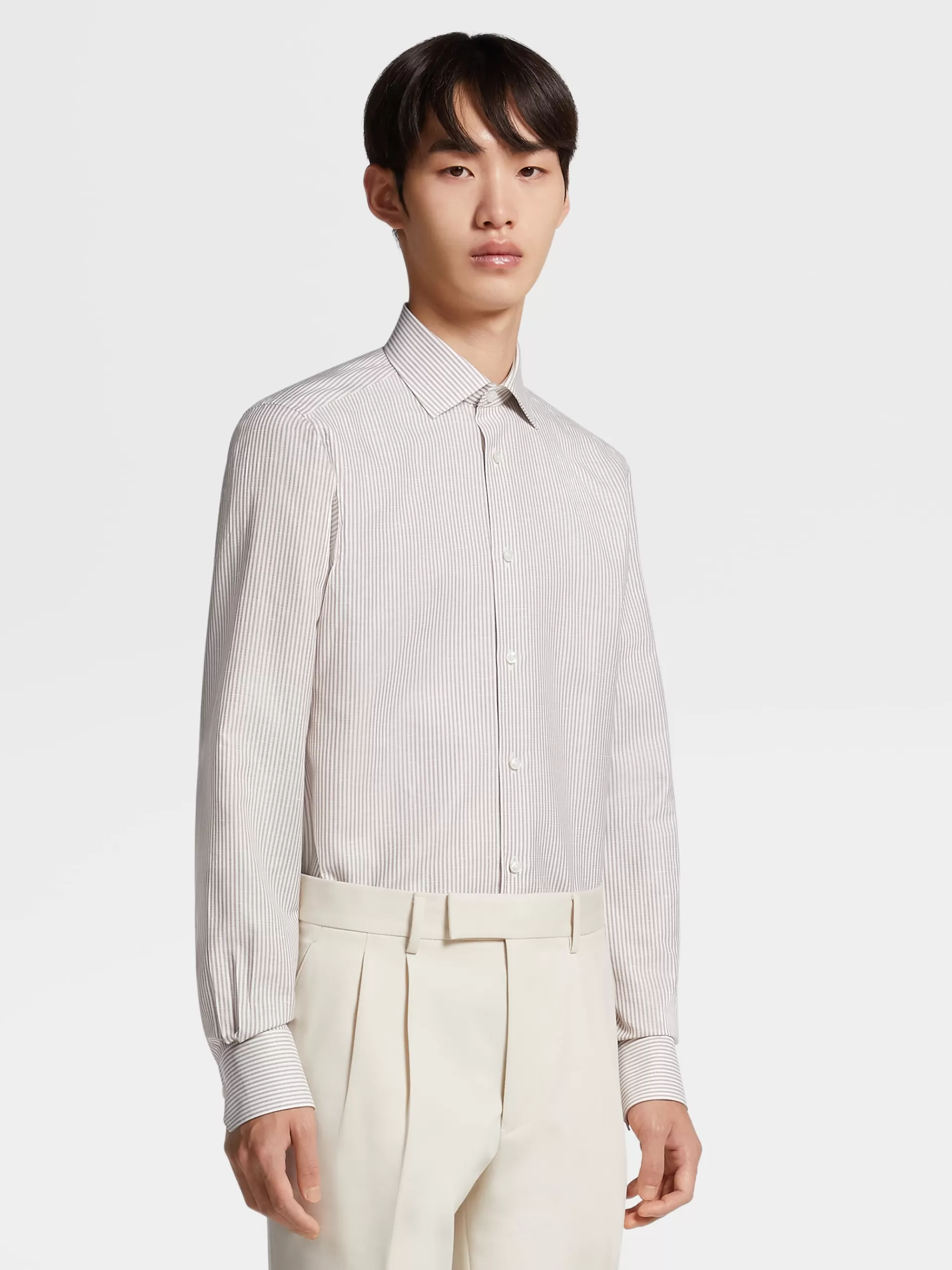 ZEGNA Camisas Para Homem^Camisa De Alfaiataria De Manga Comprida Crossover Blend Em Algodao, Linho E Seda As Riscas Camel Camel/Branco