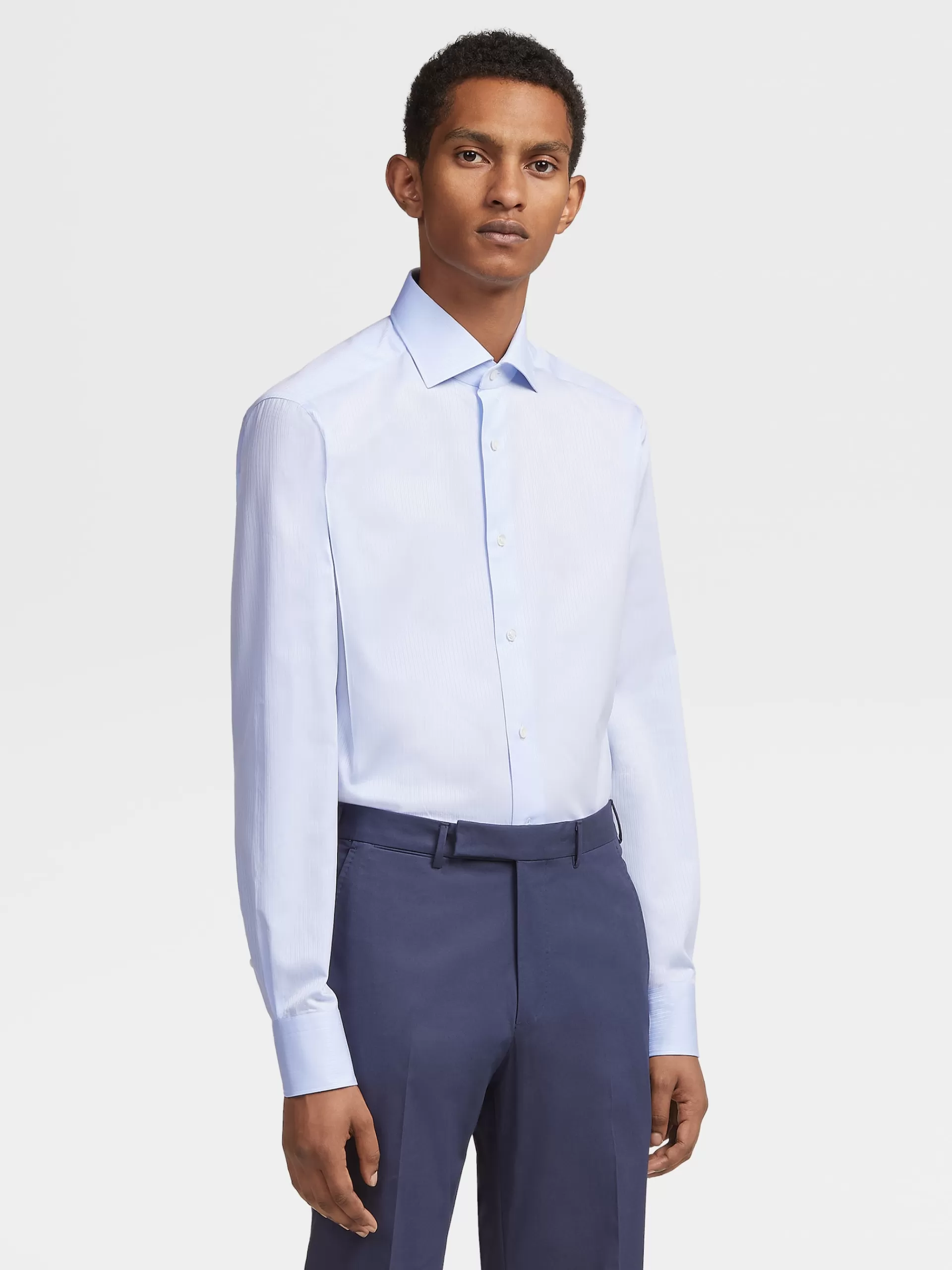 ZEGNA Camisas Para Homem^Camisa De Alfaiataria De Manga Comprida Em Algodao As Riscas Azul-Claras Azul-Claro