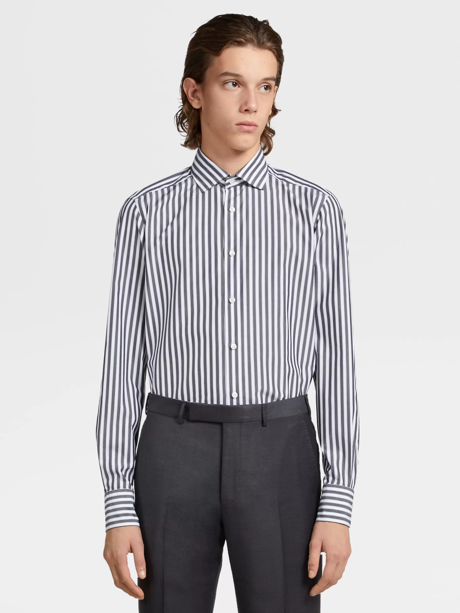 ZEGNA Camisas Para Homem^Camisa De Alfaiataria De Manga Comprida No Tom Cinzento-Escuro Com Macrorriscas Em Algodao Trofeo™ Comfort Cinzento-Escuro/Branco