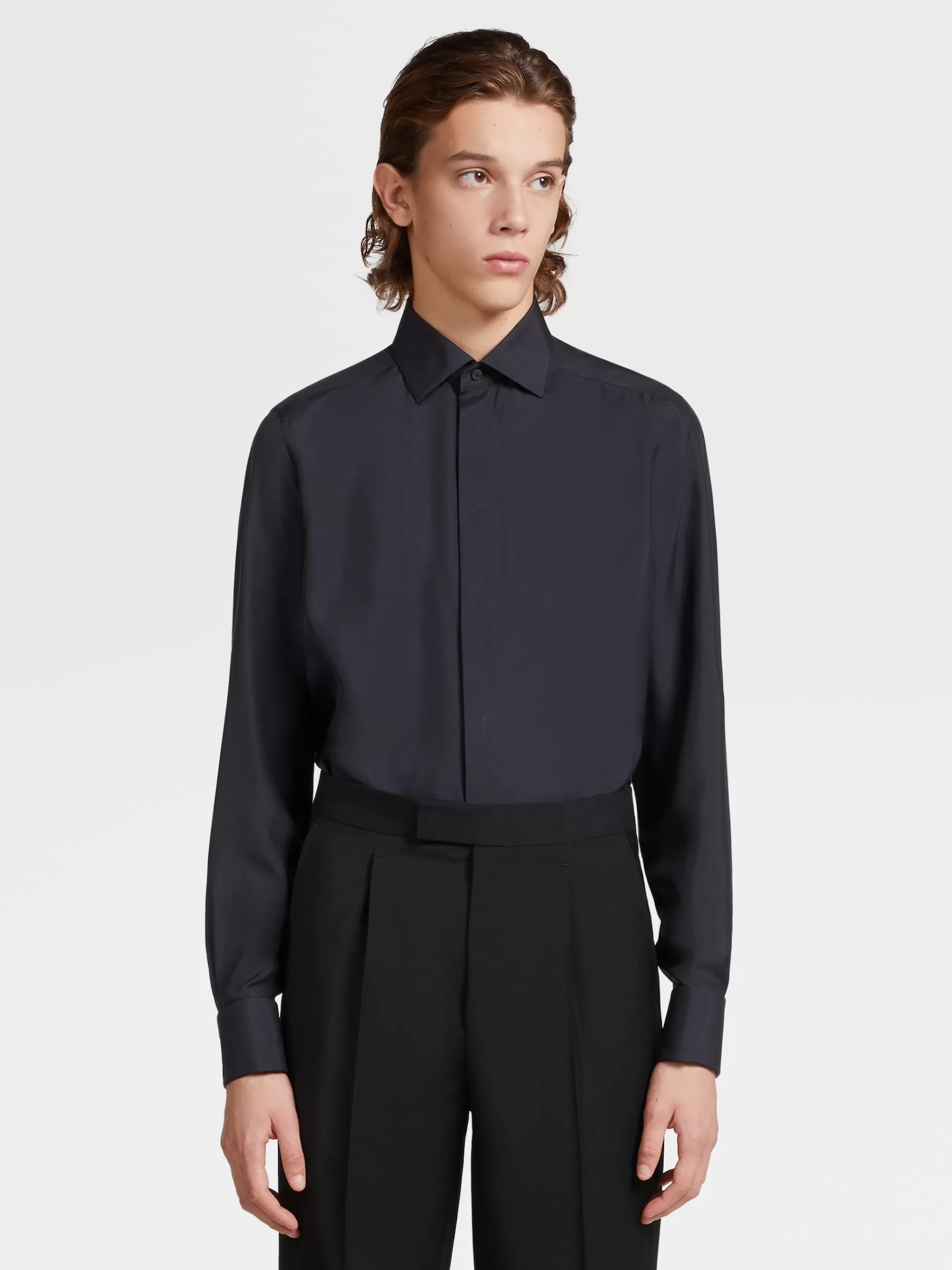 ZEGNA Camisas Para Homem^Camisa De Cerimonia De Manga Comprida Azul-Escura Em Seda Pura Azul-Escuro