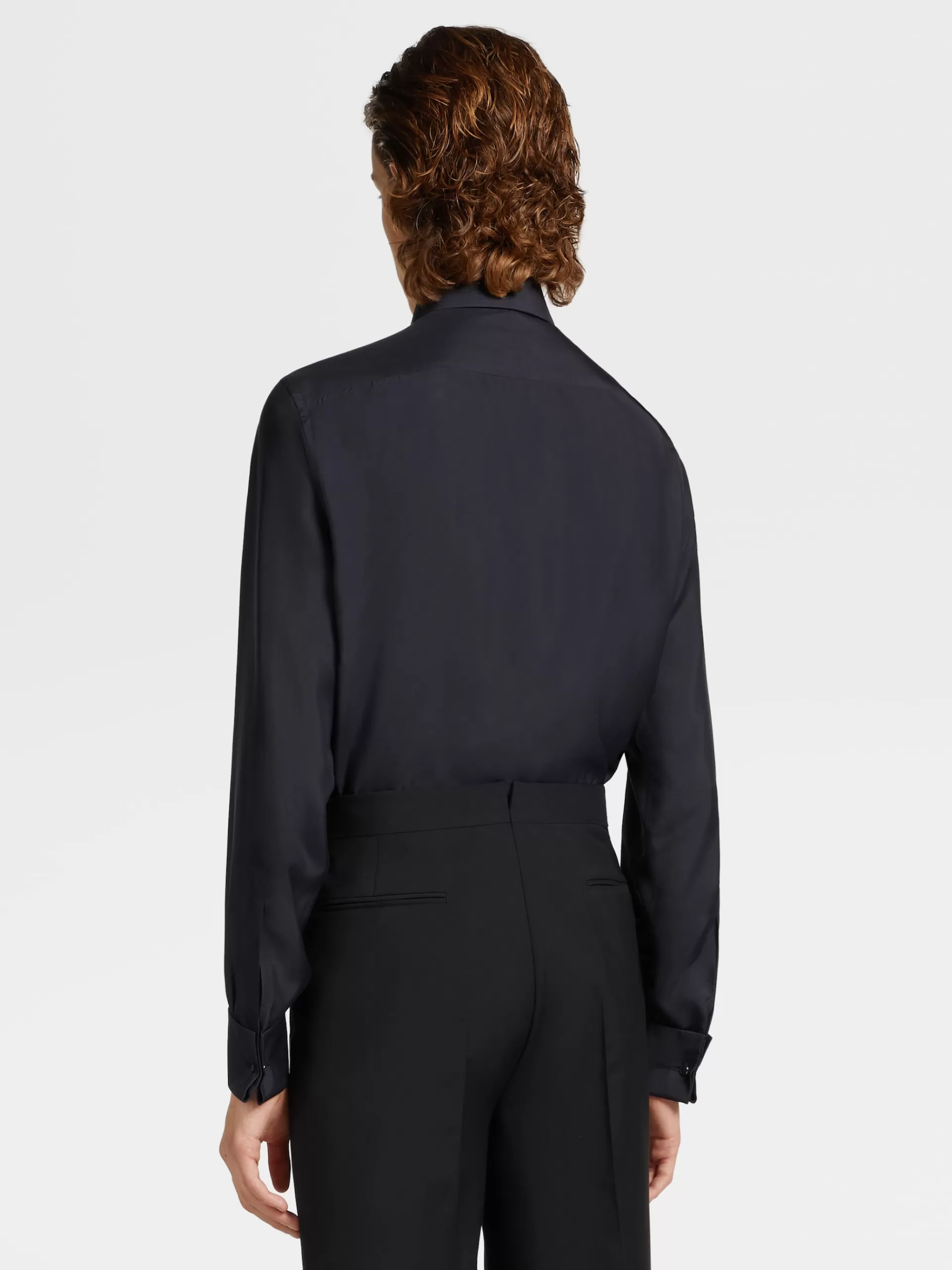 ZEGNA Camisas Para Homem^Camisa De Cerimonia De Manga Comprida Azul-Escura Em Seda Pura Azul-Escuro