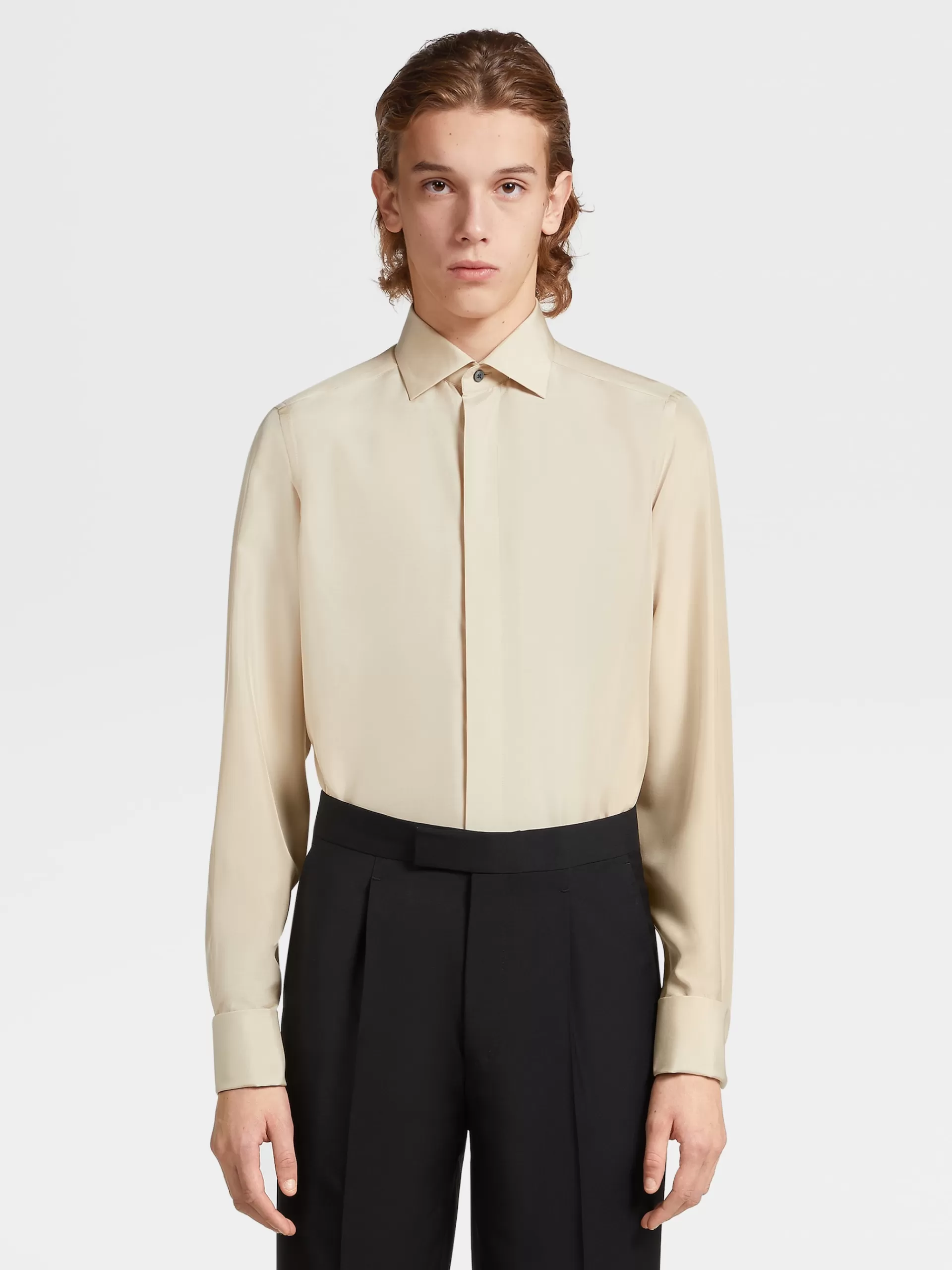 ZEGNA Camisas Para Homem^Camisa De Cerimonia De Manga Comprida Bege-Clara Em Seda Pura Bege-Claro