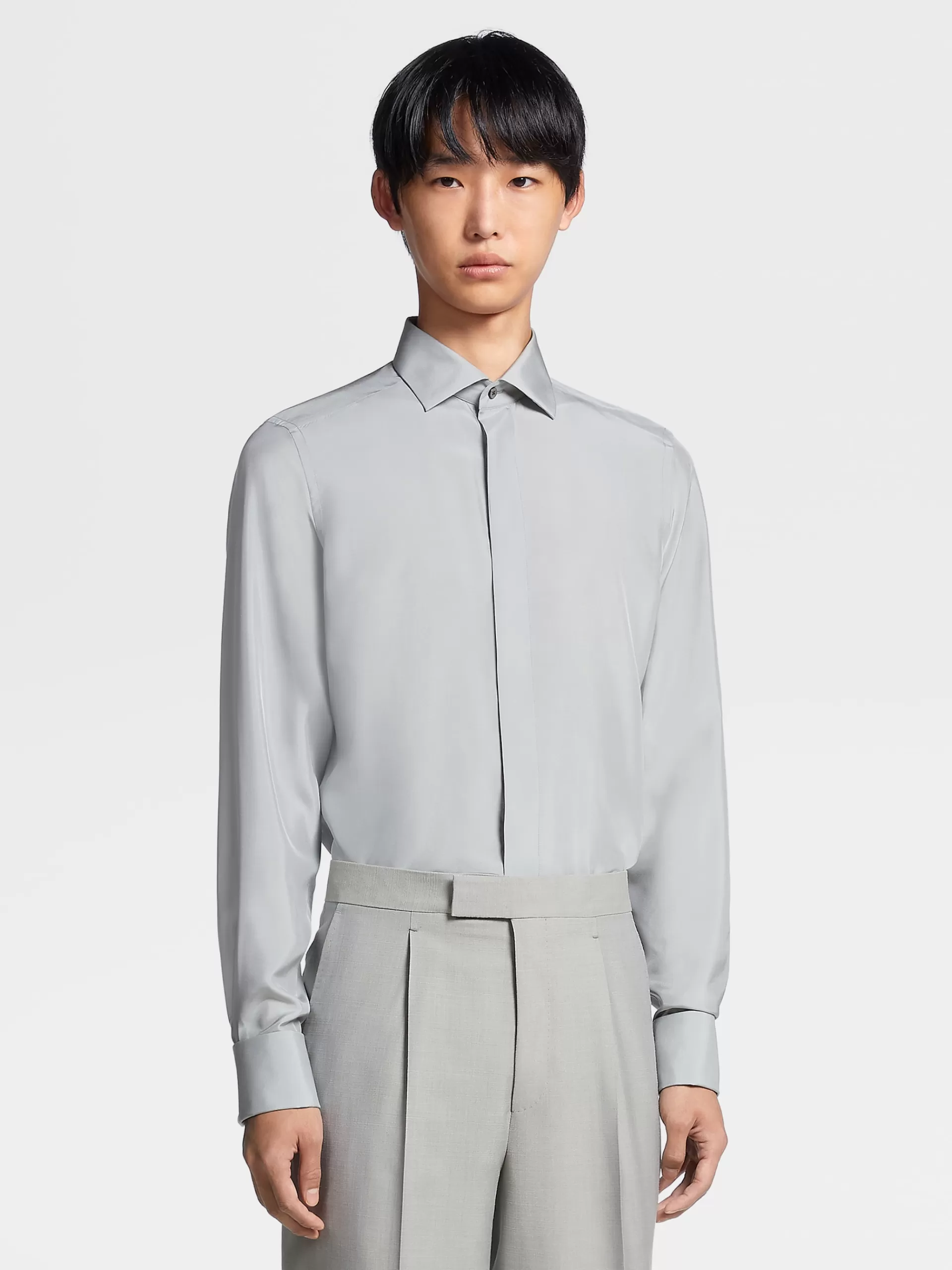 ZEGNA Camisas Para Homem^Camisa De Cerimonia De Manga Comprida Cinza-Clara Em Seda Pura Cinzento-Claro