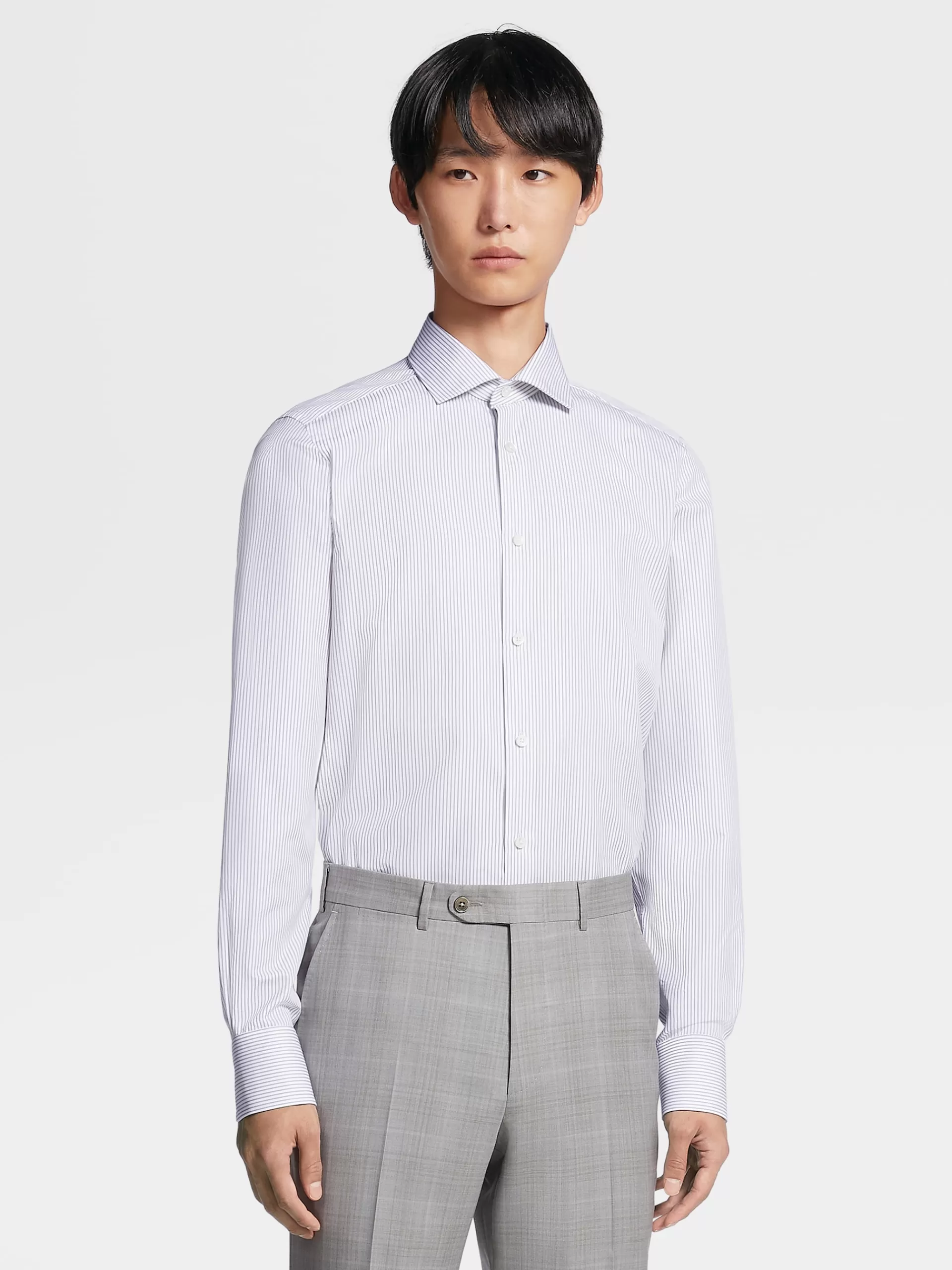 ZEGNA Camisas Para Homem^Camisa De Manga Comprida Cinzenta-Escura Em Algodao Trecapi Com Microrriscas Cinzento-Escuro/Branco