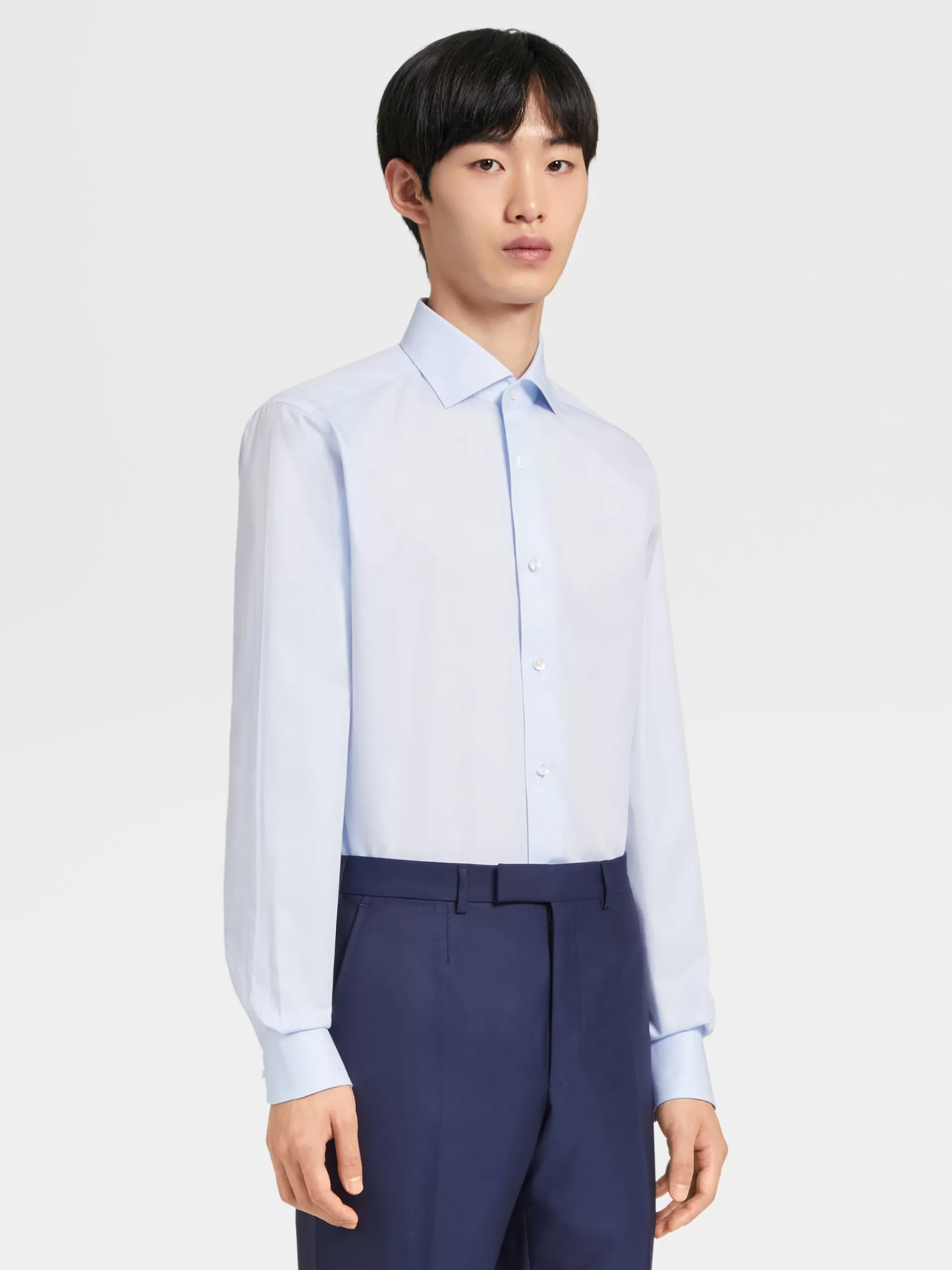 ZEGNA Camisas Para Homem^Camisa De Manga Comprida De Algodao De Sarja Com Microrriscas Azul-Clara E Azul Azul-Claro/Azul