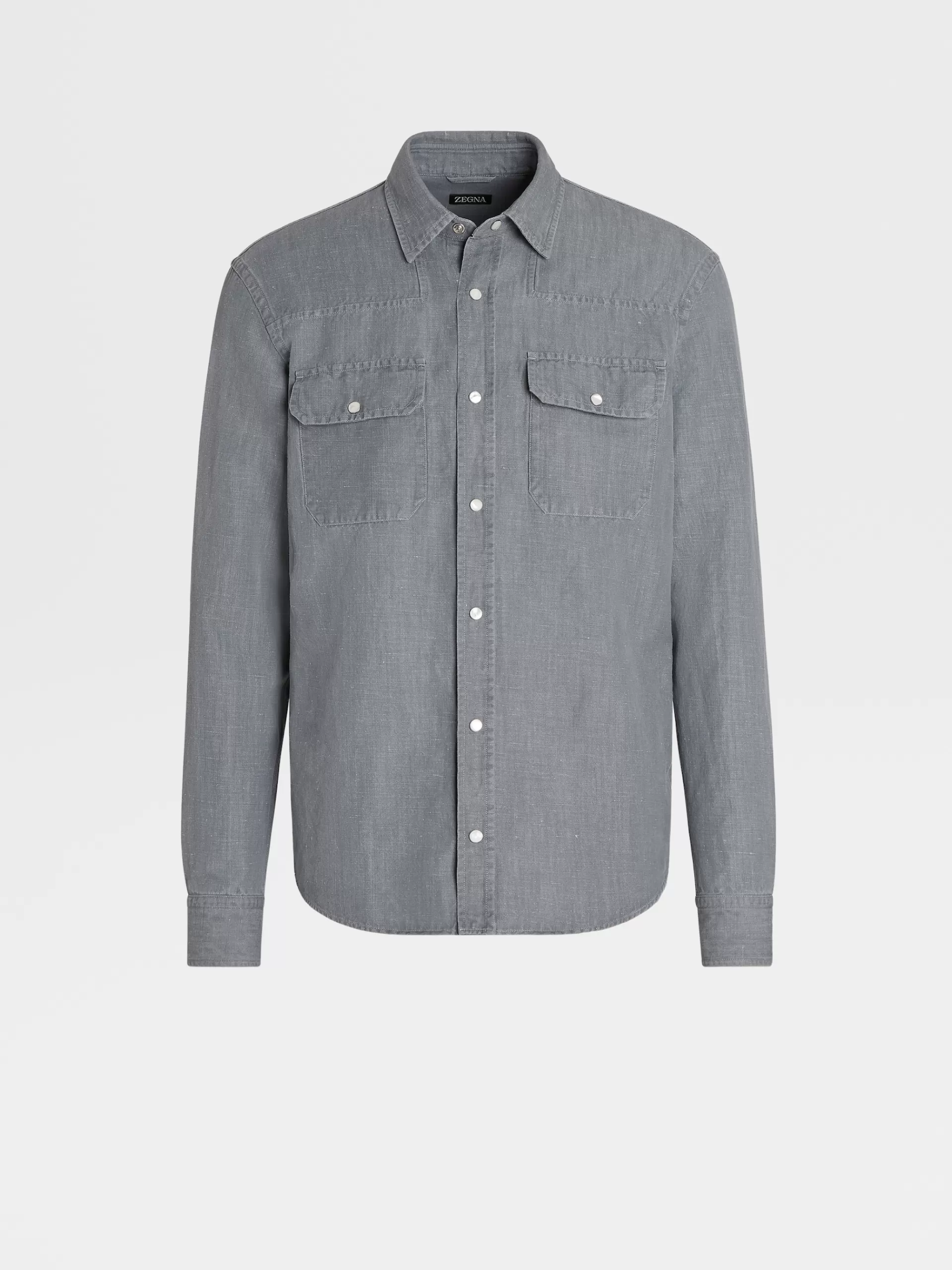 ZEGNA Camisas Para Homem^Camisa De Manga Comprida De Ganga De Algodao E Linho Preta Com Efeito Desbotado Preto