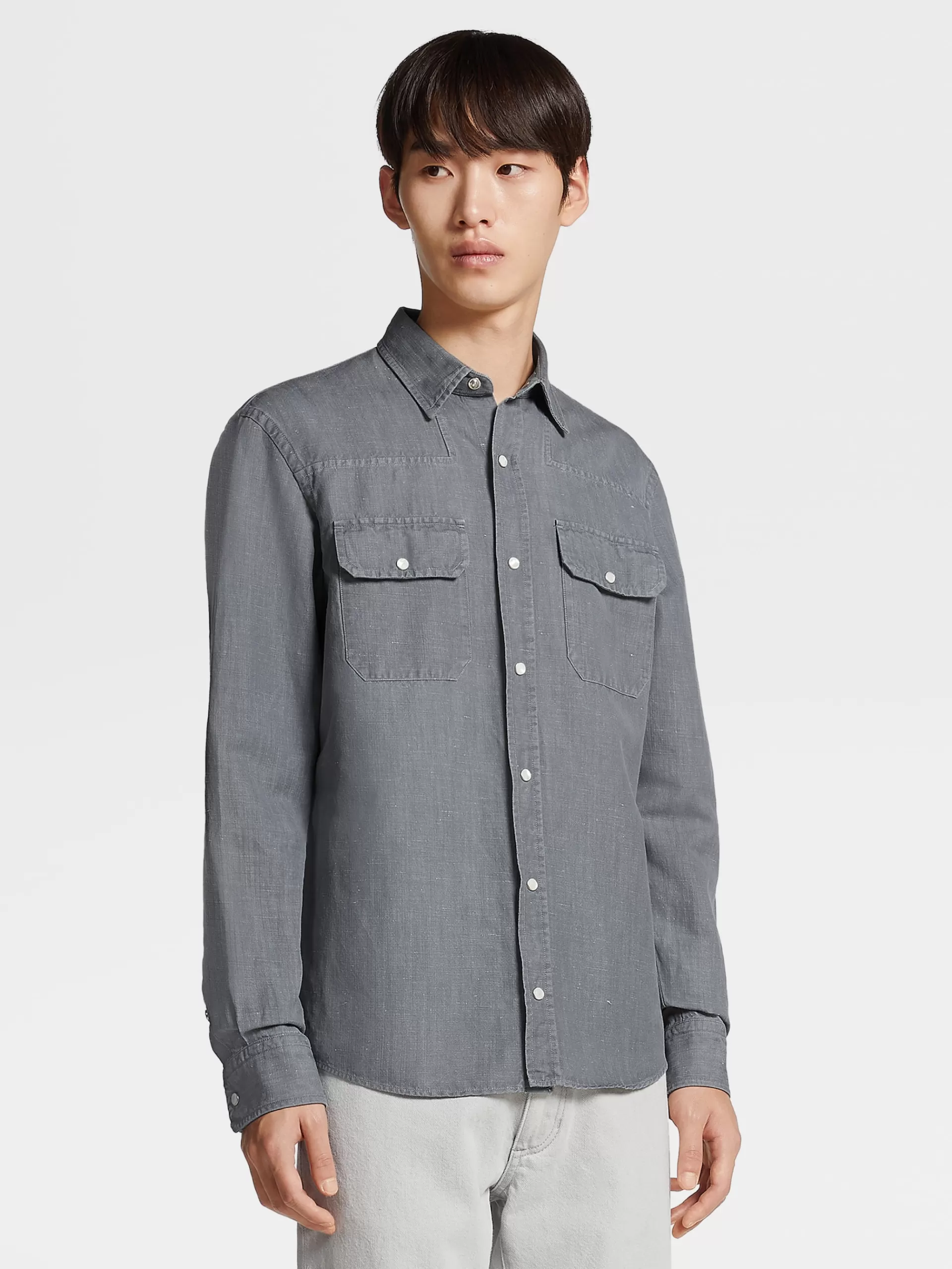 ZEGNA Camisas Para Homem^Camisa De Manga Comprida De Ganga De Algodao E Linho Preta Com Efeito Desbotado Preto