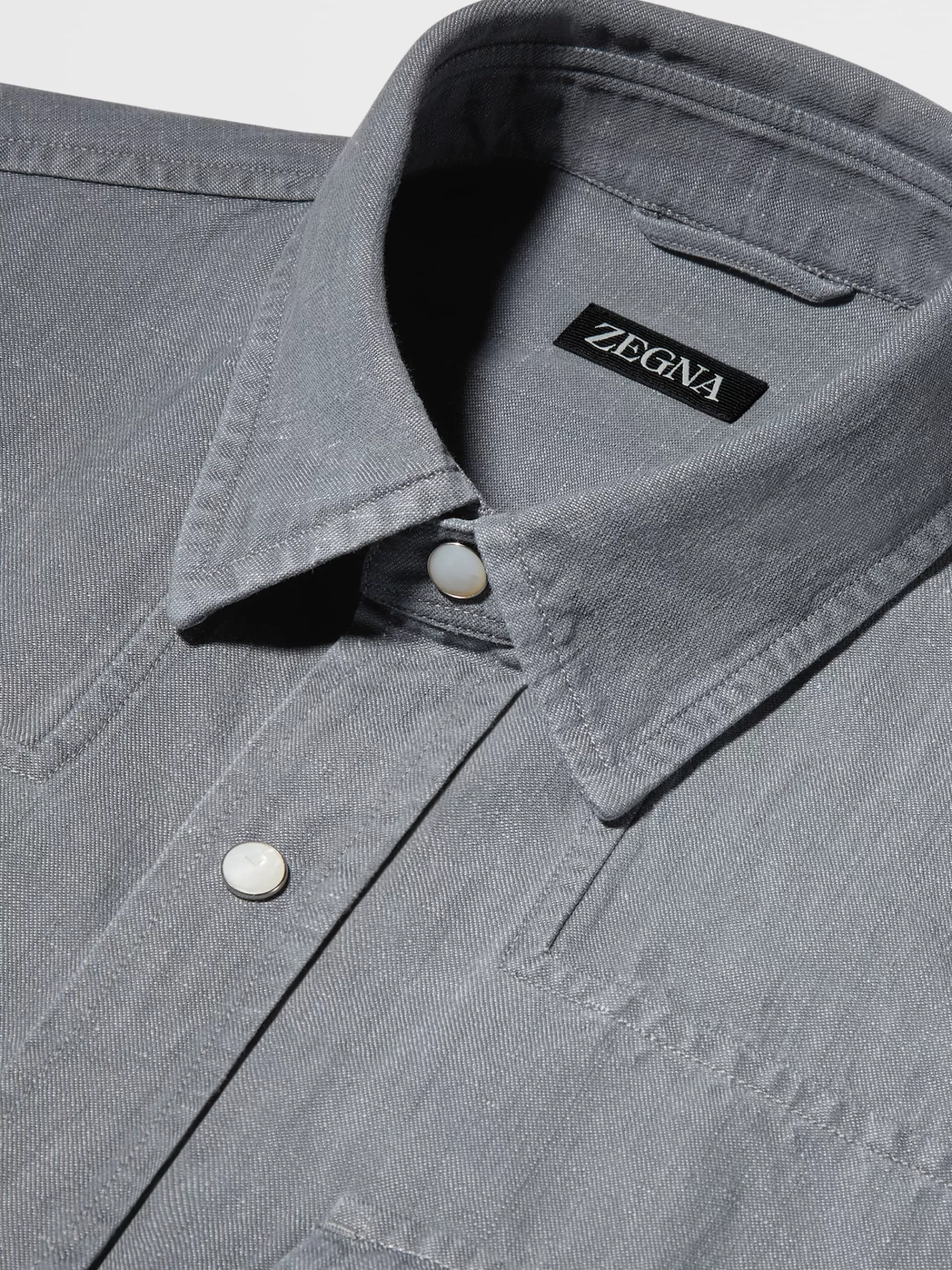 ZEGNA Camisas Para Homem^Camisa De Manga Comprida De Ganga De Algodao E Linho Preta Com Efeito Desbotado Preto