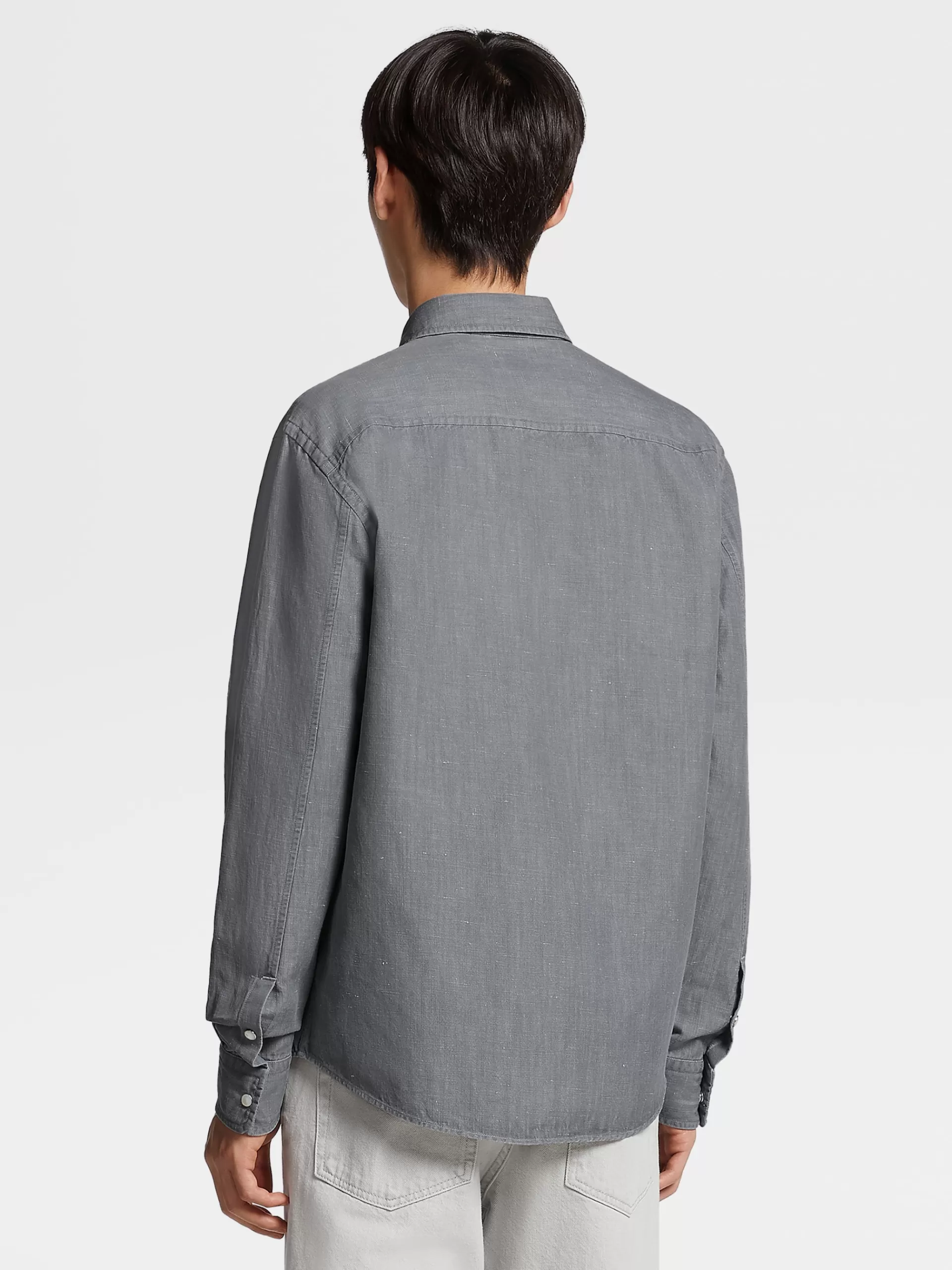 ZEGNA Camisas Para Homem^Camisa De Manga Comprida De Ganga De Algodao E Linho Preta Com Efeito Desbotado Preto