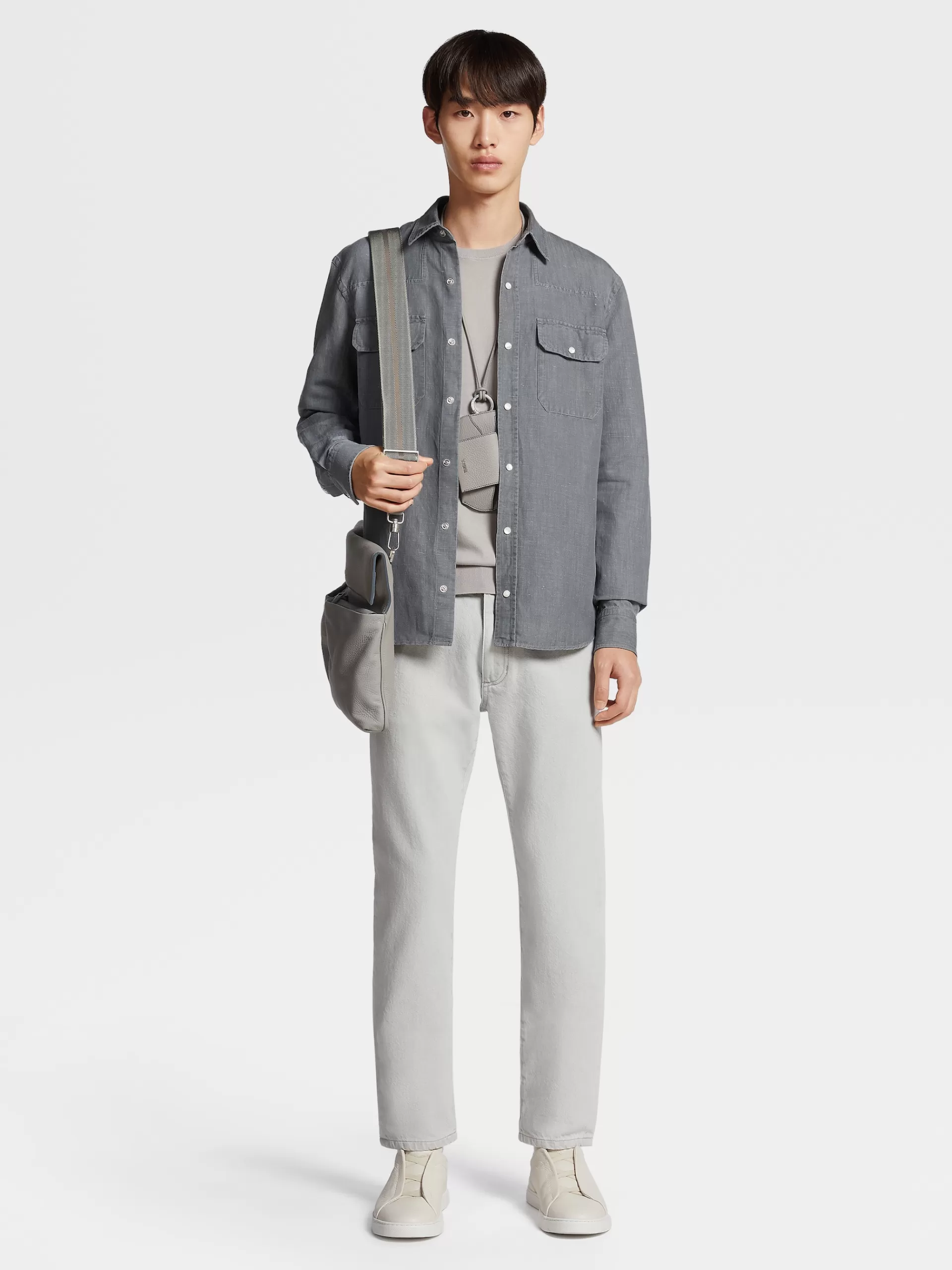 ZEGNA Camisas Para Homem^Camisa De Manga Comprida De Ganga De Algodao E Linho Preta Com Efeito Desbotado Preto