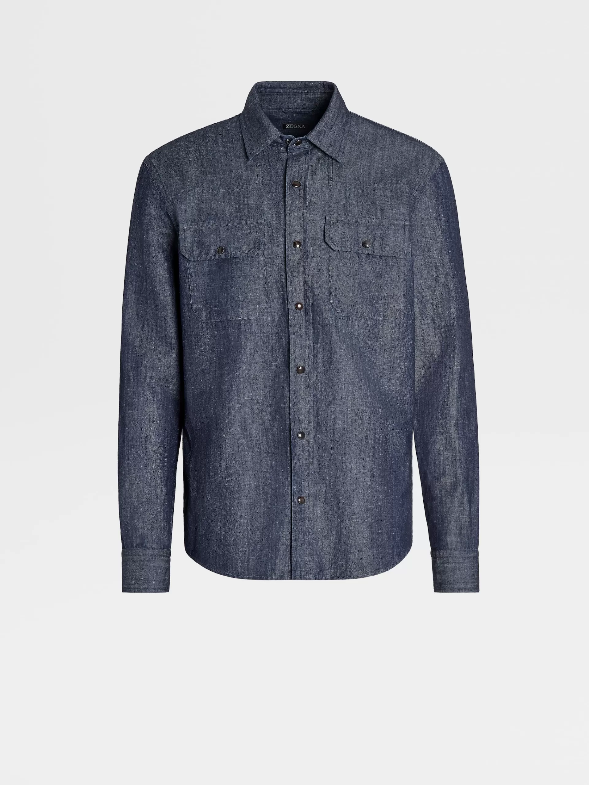 ZEGNA Camisas Para Homem^Camisa De Manga Comprida De Ganga Lavada Em Algodao E Linho Azul-Tinta