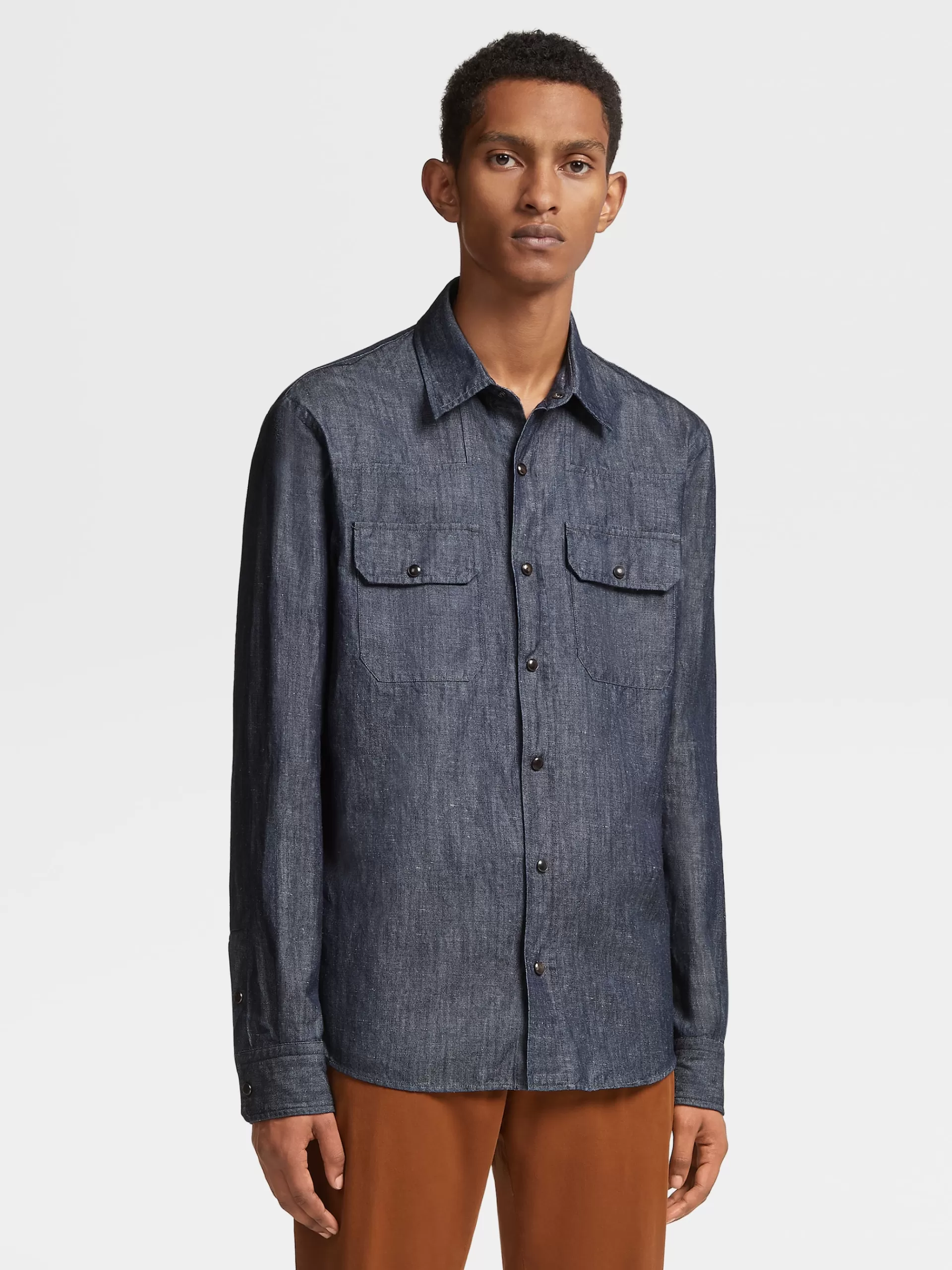ZEGNA Camisas Para Homem^Camisa De Manga Comprida De Ganga Lavada Em Algodao E Linho Azul-Tinta