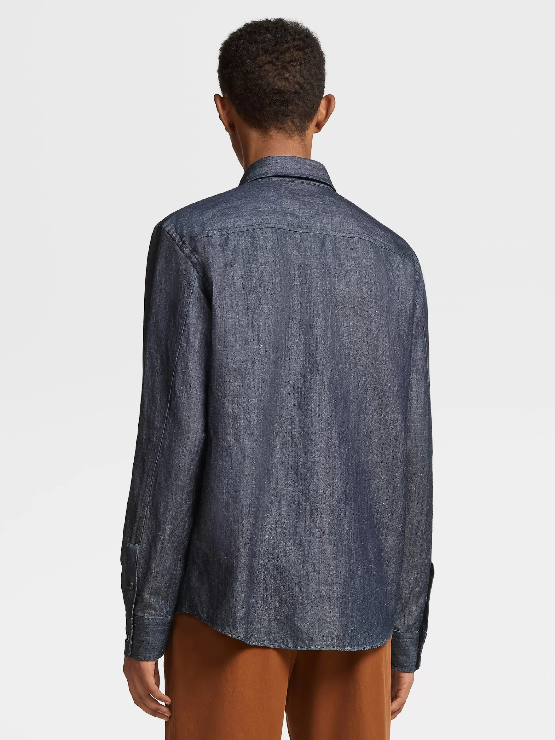 ZEGNA Camisas Para Homem^Camisa De Manga Comprida De Ganga Lavada Em Algodao E Linho Azul-Tinta