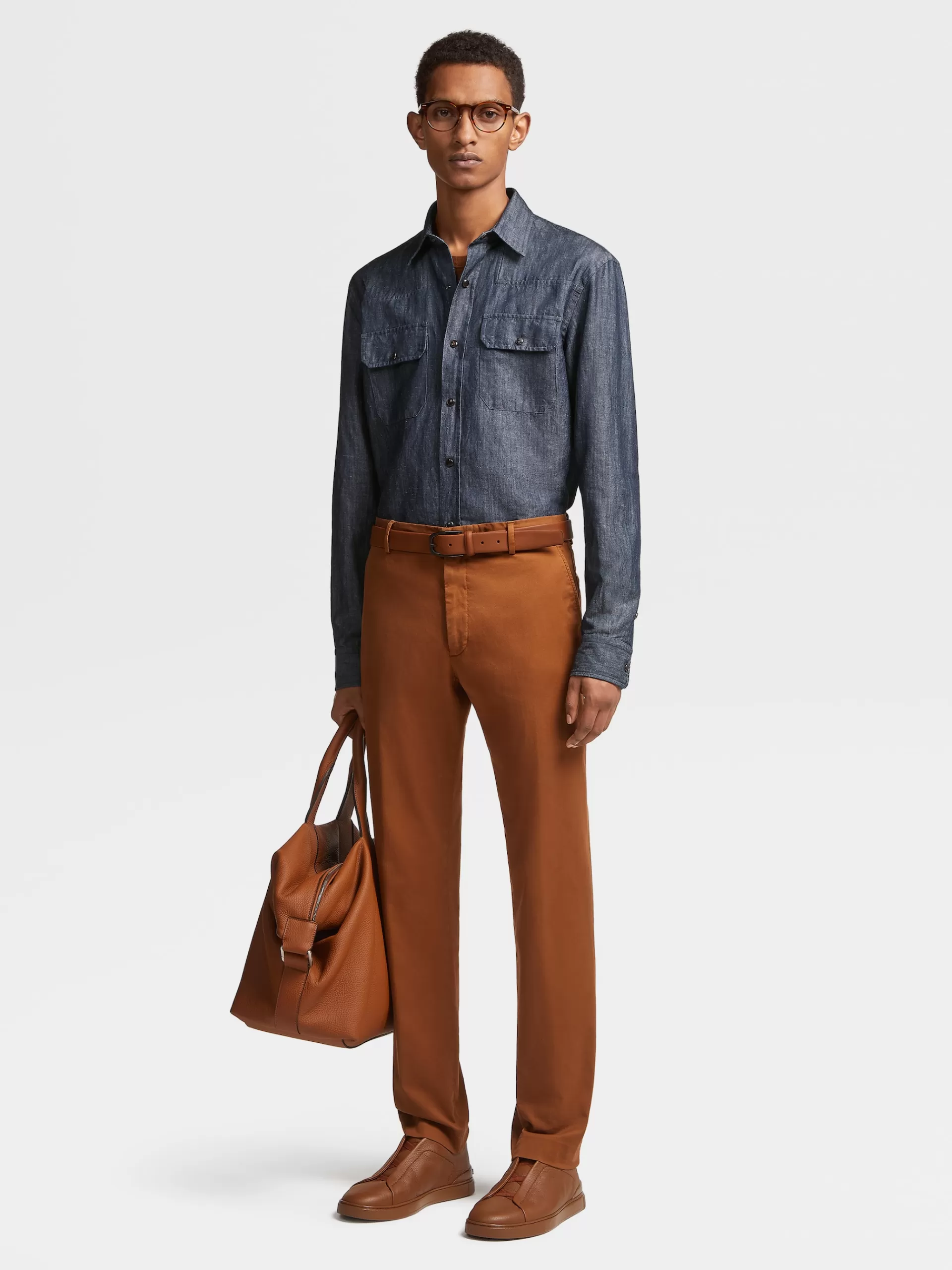 ZEGNA Camisas Para Homem^Camisa De Manga Comprida De Ganga Lavada Em Algodao E Linho Azul-Tinta