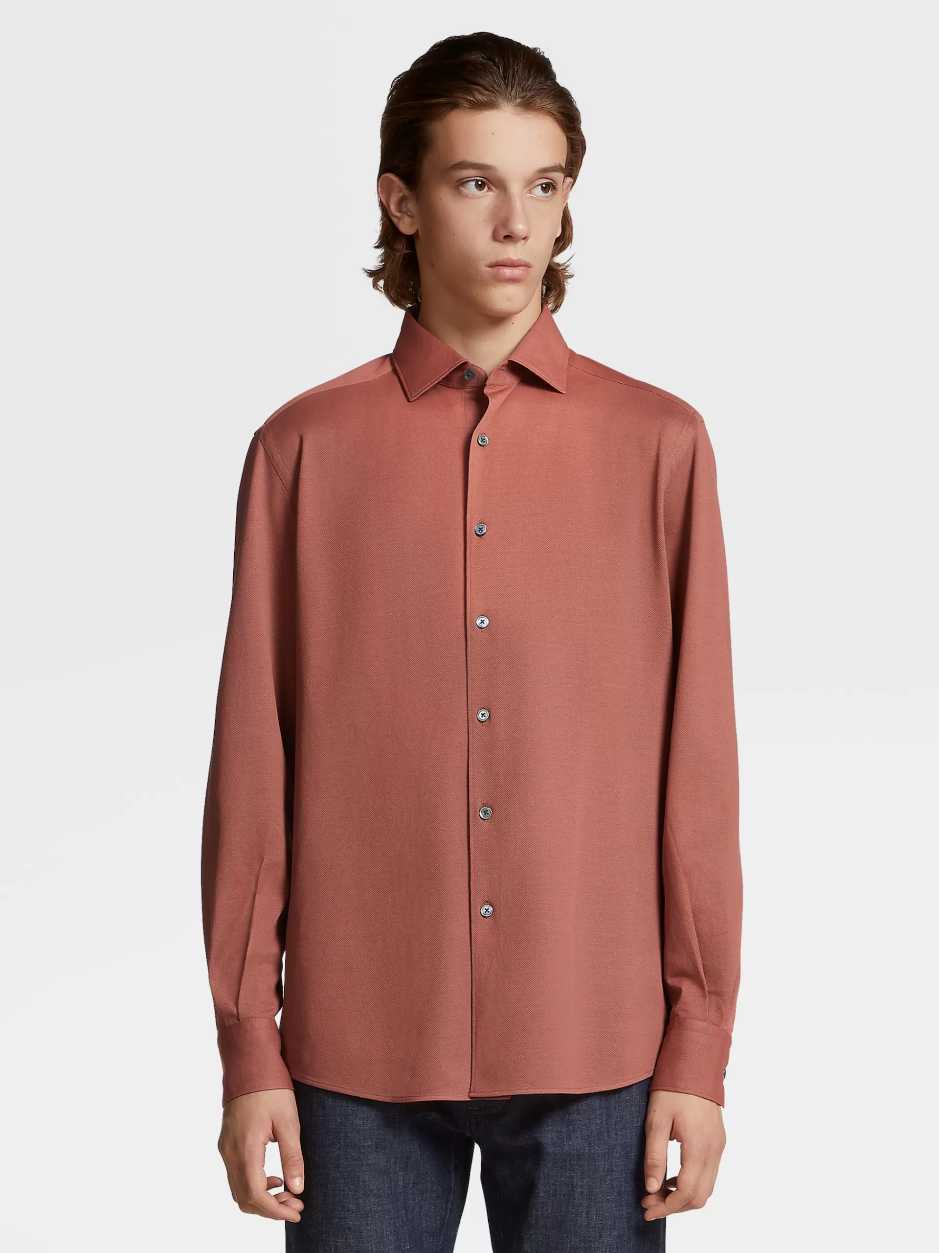 ZEGNA Camisas Para Homem^Camisa De Manga Comprida Em Jersei De Puro Algodao Bordo-Claro