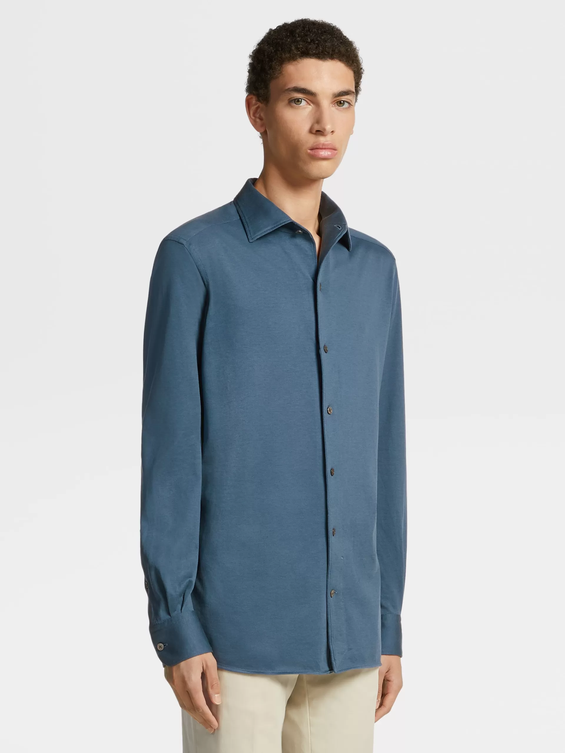 ZEGNA Camisas Para Homem^Camisa De Manga Comprida Em Jersei De Seda E Algodao Azul-Petroleo