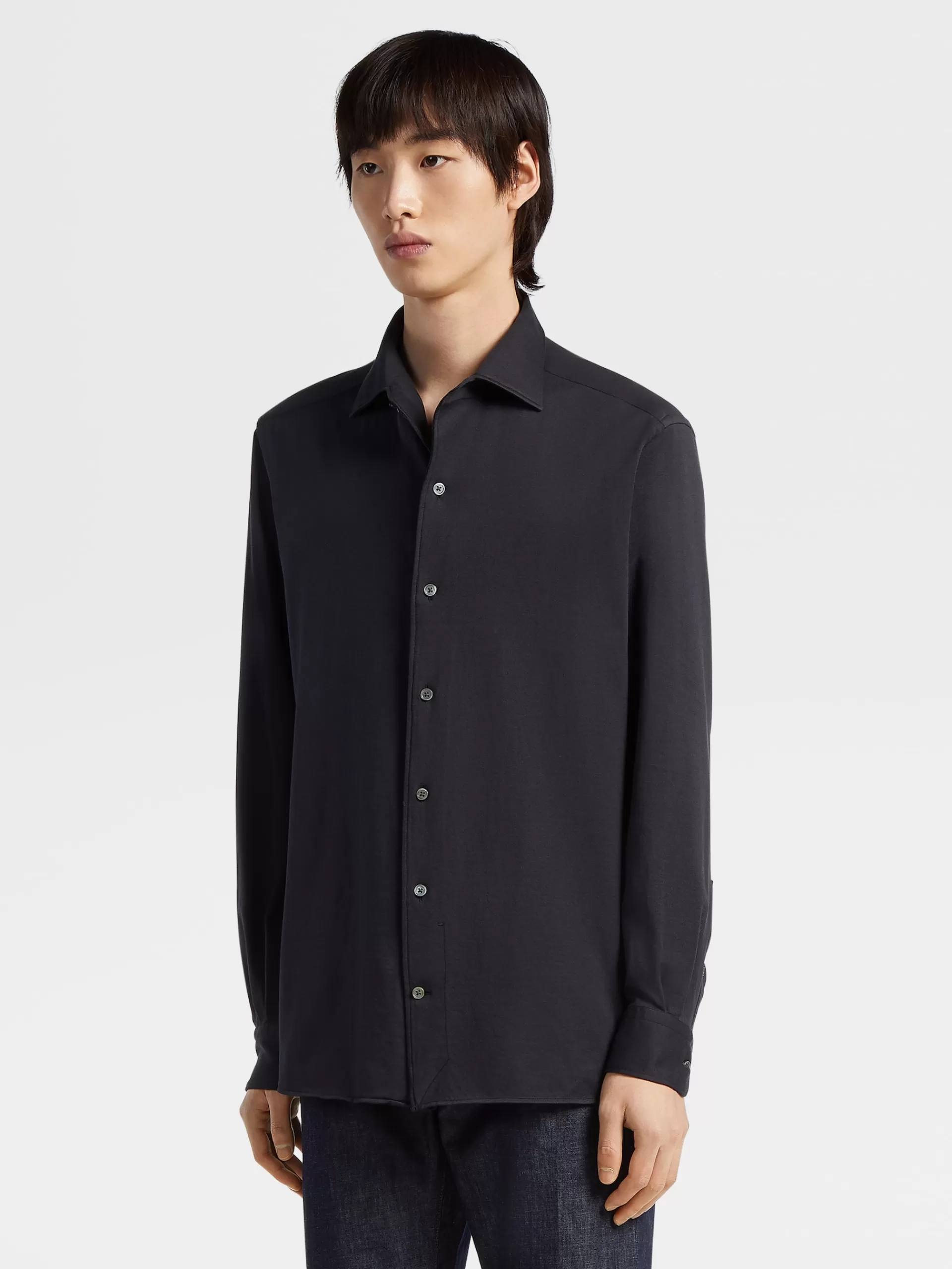 ZEGNA Camisas Para Homem^Camisa De Manga Comprida Em Jersei De Seda E Algodao Azul-Marinho
