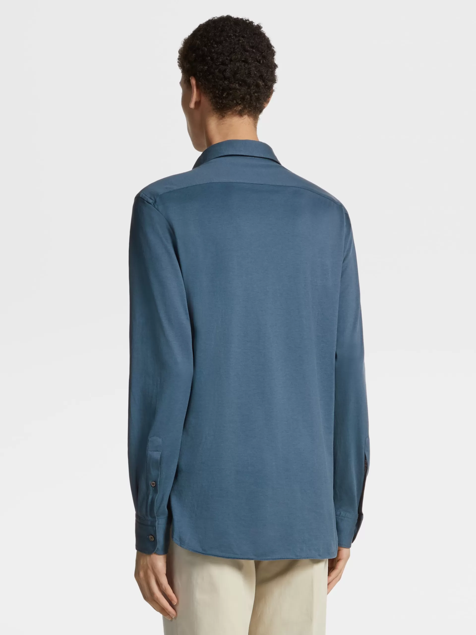 ZEGNA Camisas Para Homem^Camisa De Manga Comprida Em Jersei De Seda E Algodao Azul-Petroleo