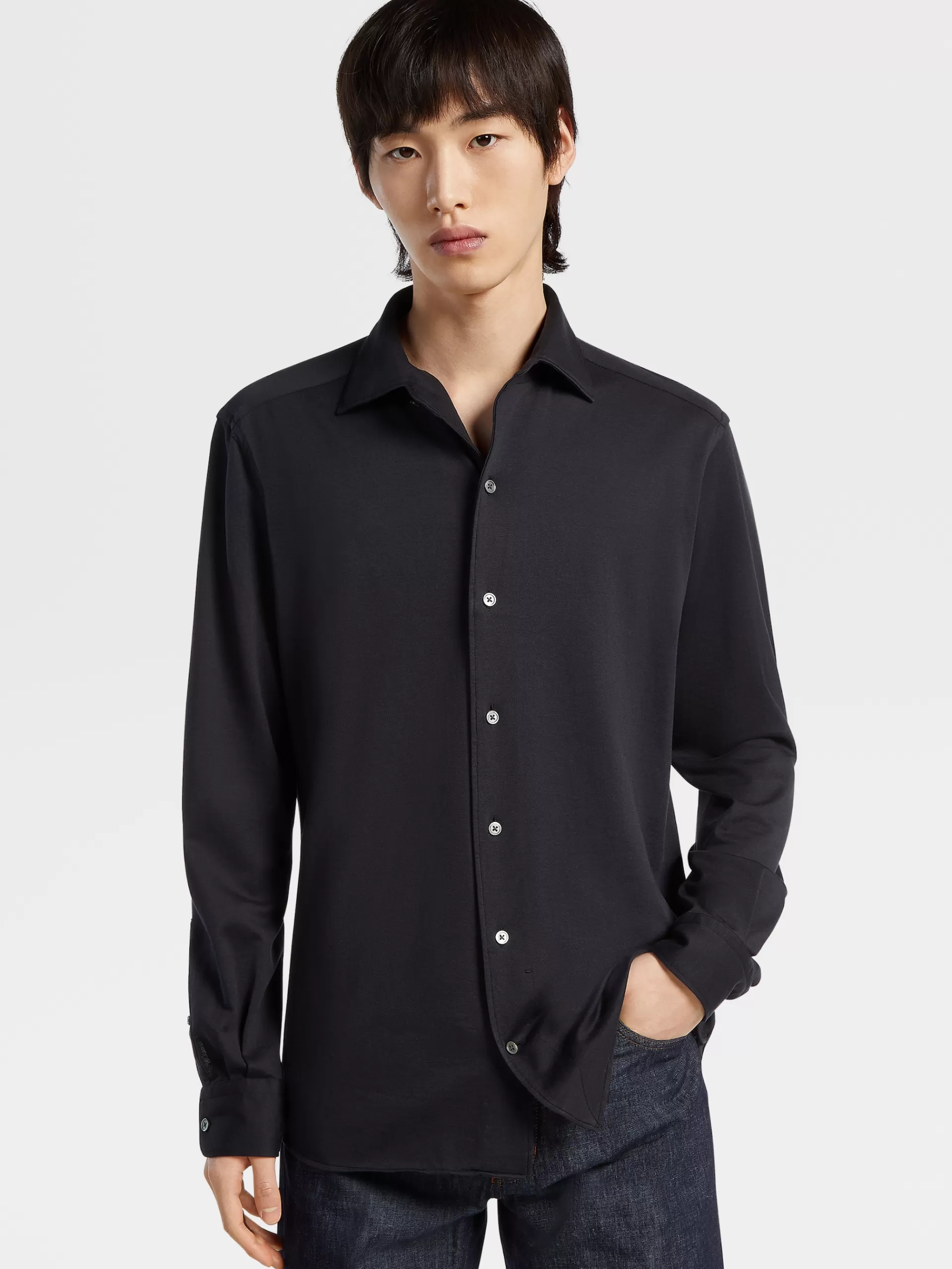 ZEGNA Camisas Para Homem^Camisa De Manga Comprida Em Jersei De Seda E Algodao Azul-Marinho