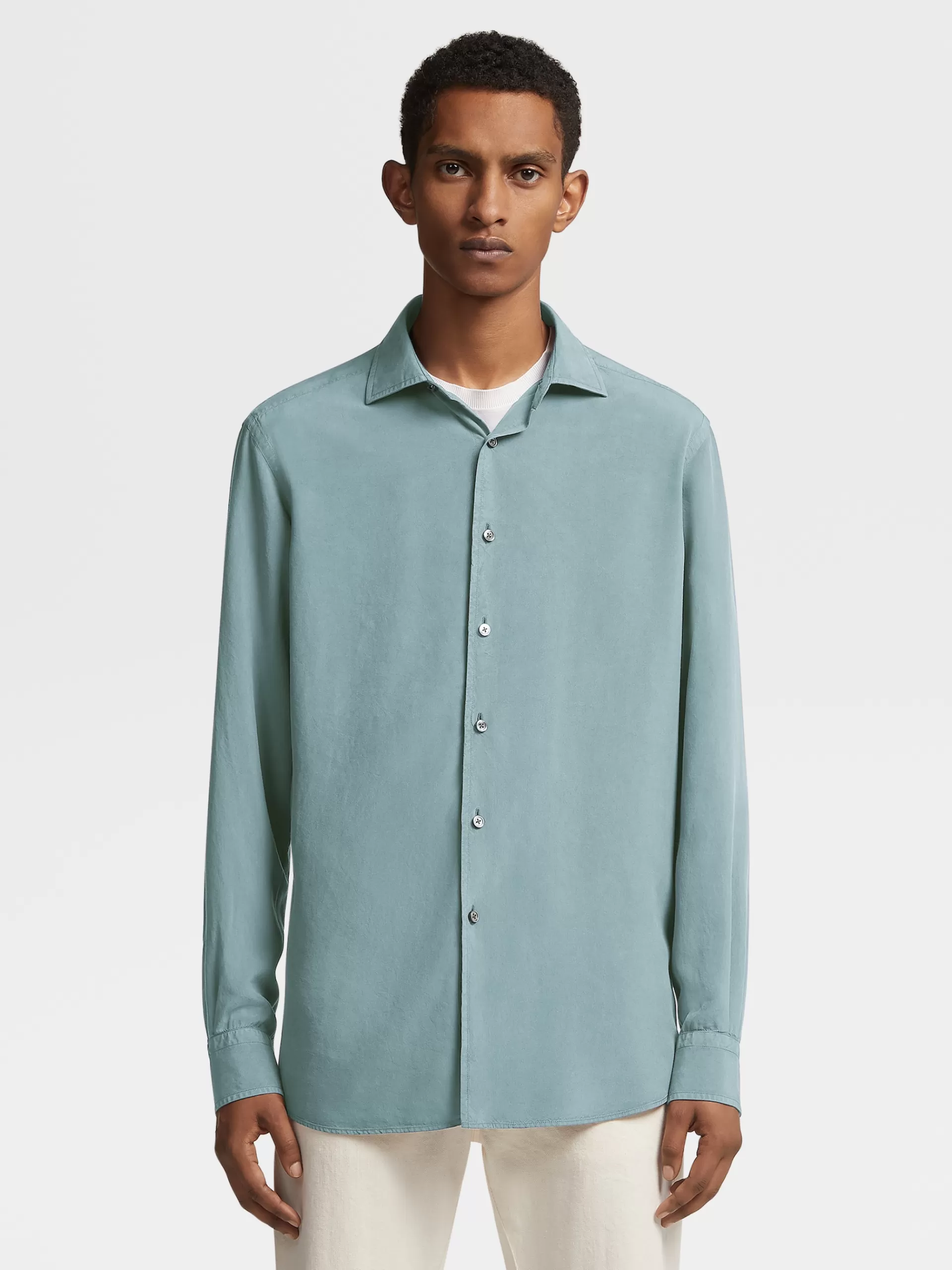ZEGNA Camisas Para Homem^Camisa De Manga Comprida Em Pura Seda Com Tingimento Em Peca Verde-Agua