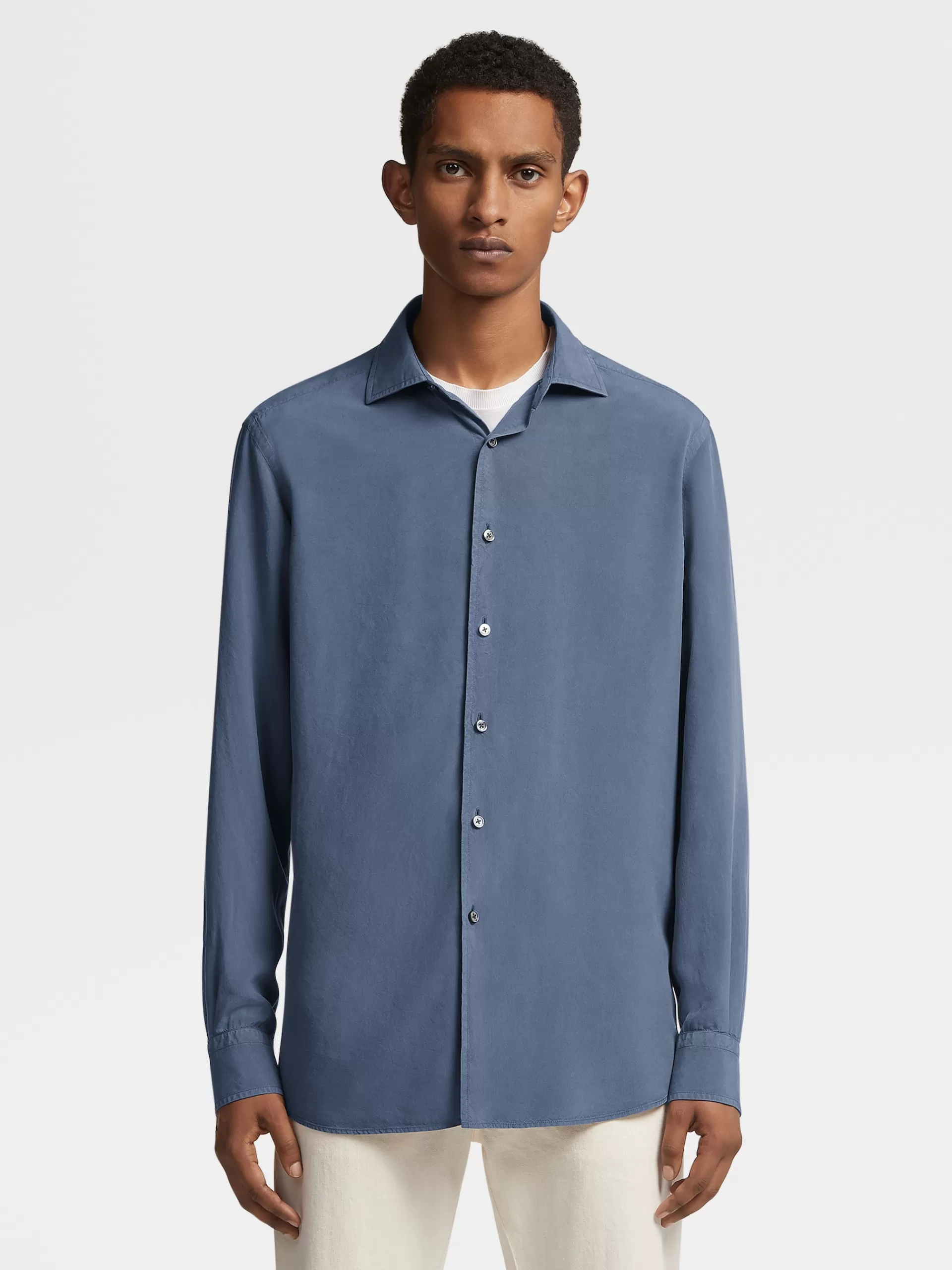 ZEGNA Camisas Para Homem^Camisa De Manga Comprida Em Pura Seda Com Tingimento Em Peca Azul-Petroleo