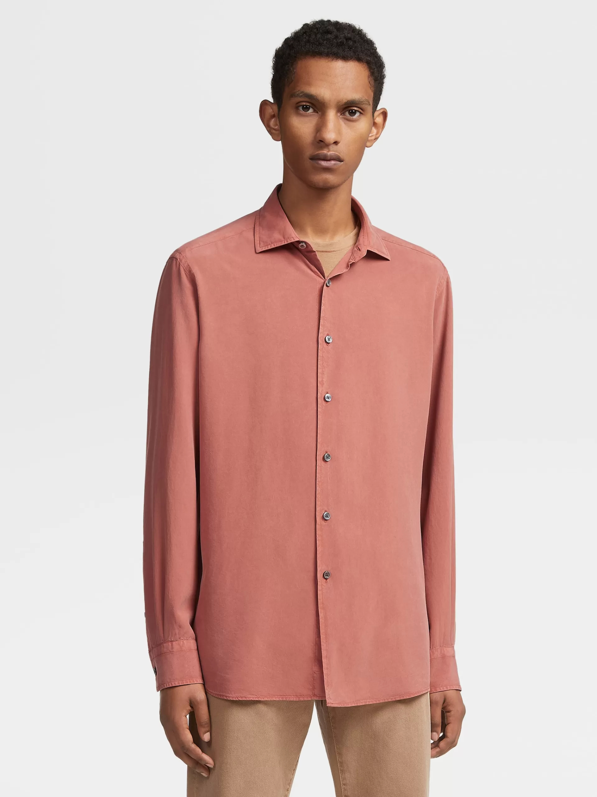 ZEGNA Camisas Para Homem^Camisa De Manga Comprida Em Pura Seda Com Tingimento Em Peca Bordo-Claro