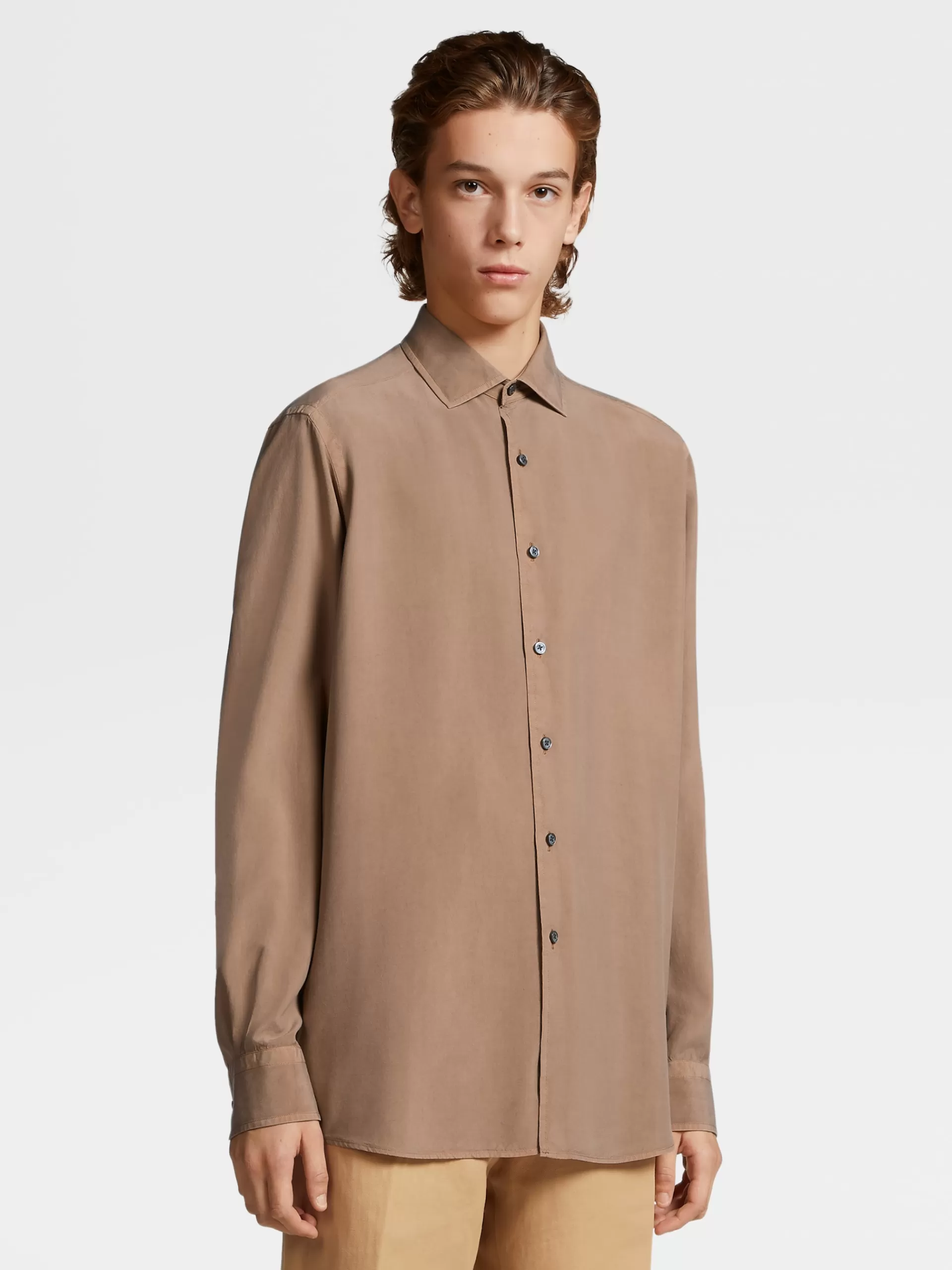 ZEGNA Camisas Para Homem^Camisa De Manga Comprida Em Pura Seda Com Tingimento Em Peca Camel