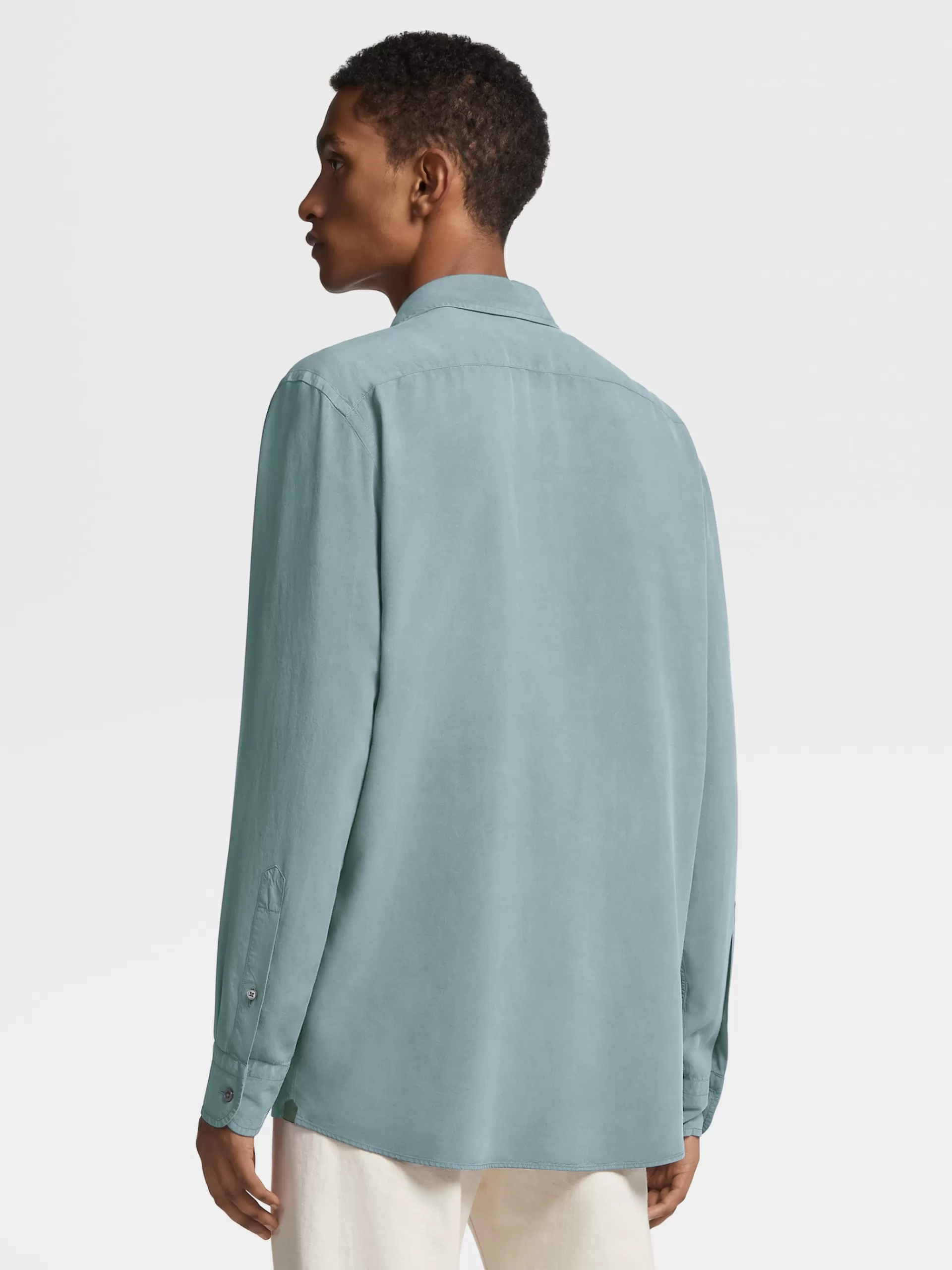 ZEGNA Camisas Para Homem^Camisa De Manga Comprida Em Pura Seda Com Tingimento Em Peca Verde-Agua