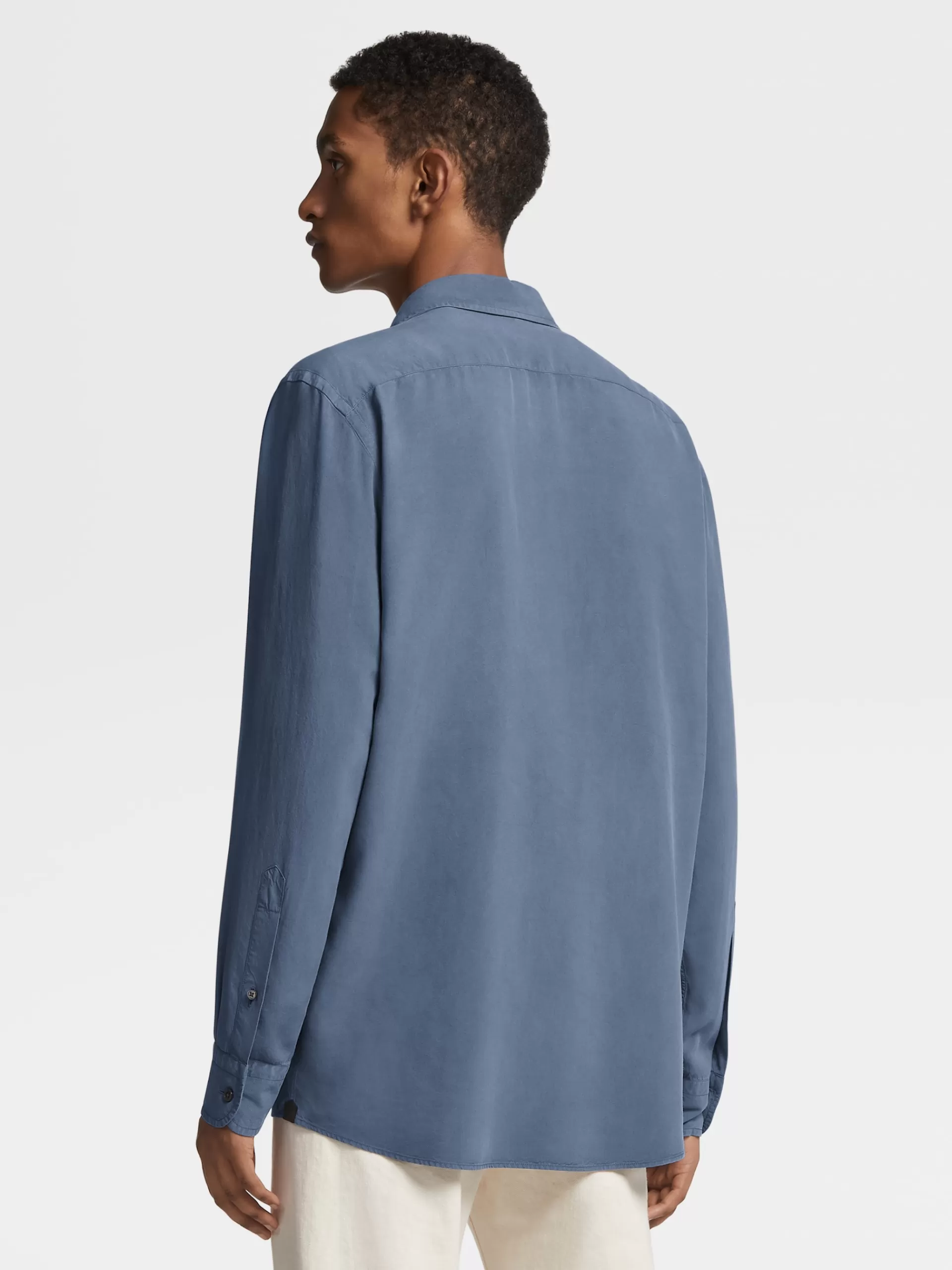 ZEGNA Camisas Para Homem^Camisa De Manga Comprida Em Pura Seda Com Tingimento Em Peca Azul-Petroleo