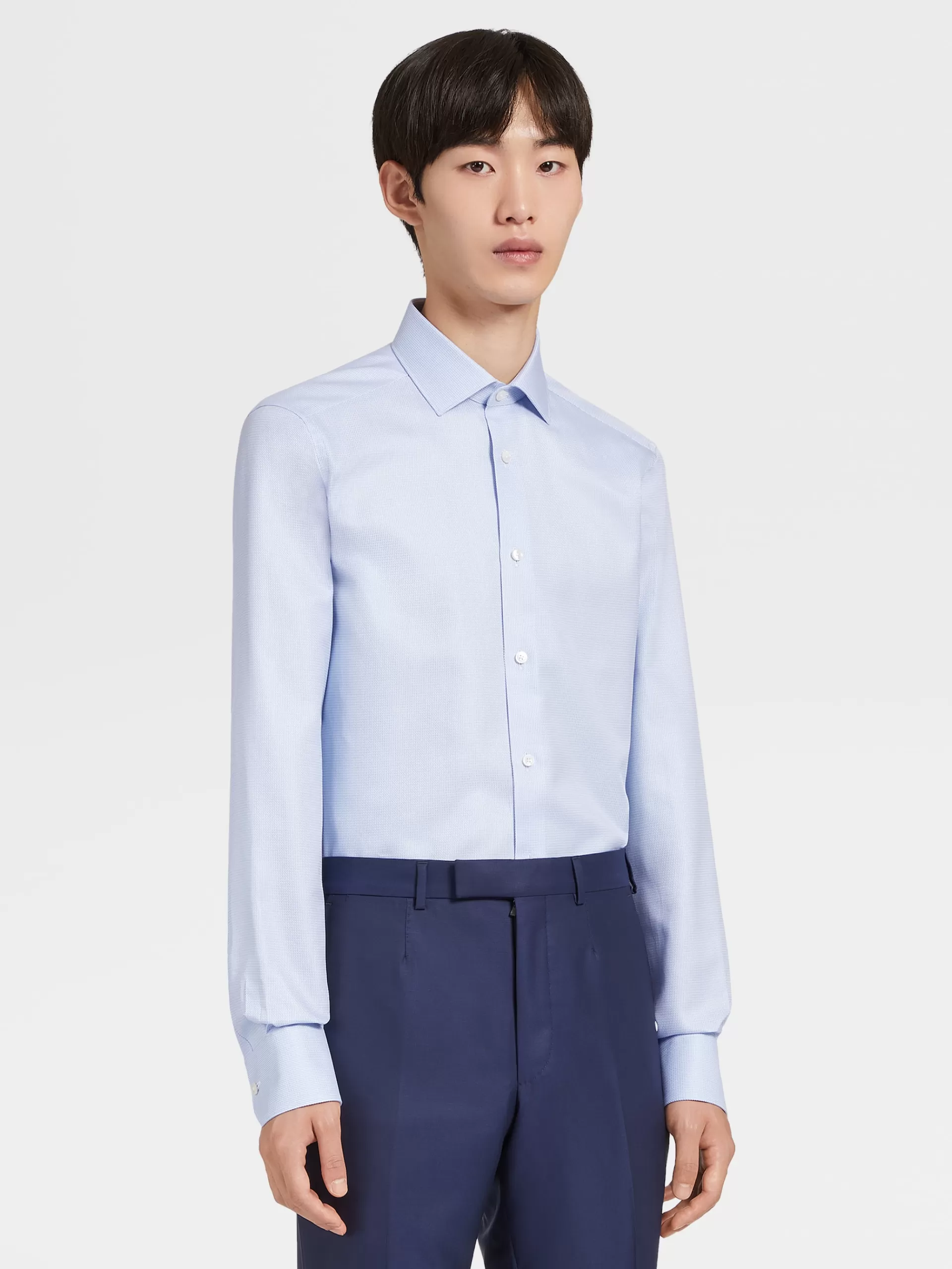 ZEGNA Camisas Para Homem^Camisa De Manga Comprida Tailoring De Algodao Trecapi Branca E Azul-Claro Azul-Noite/Branco