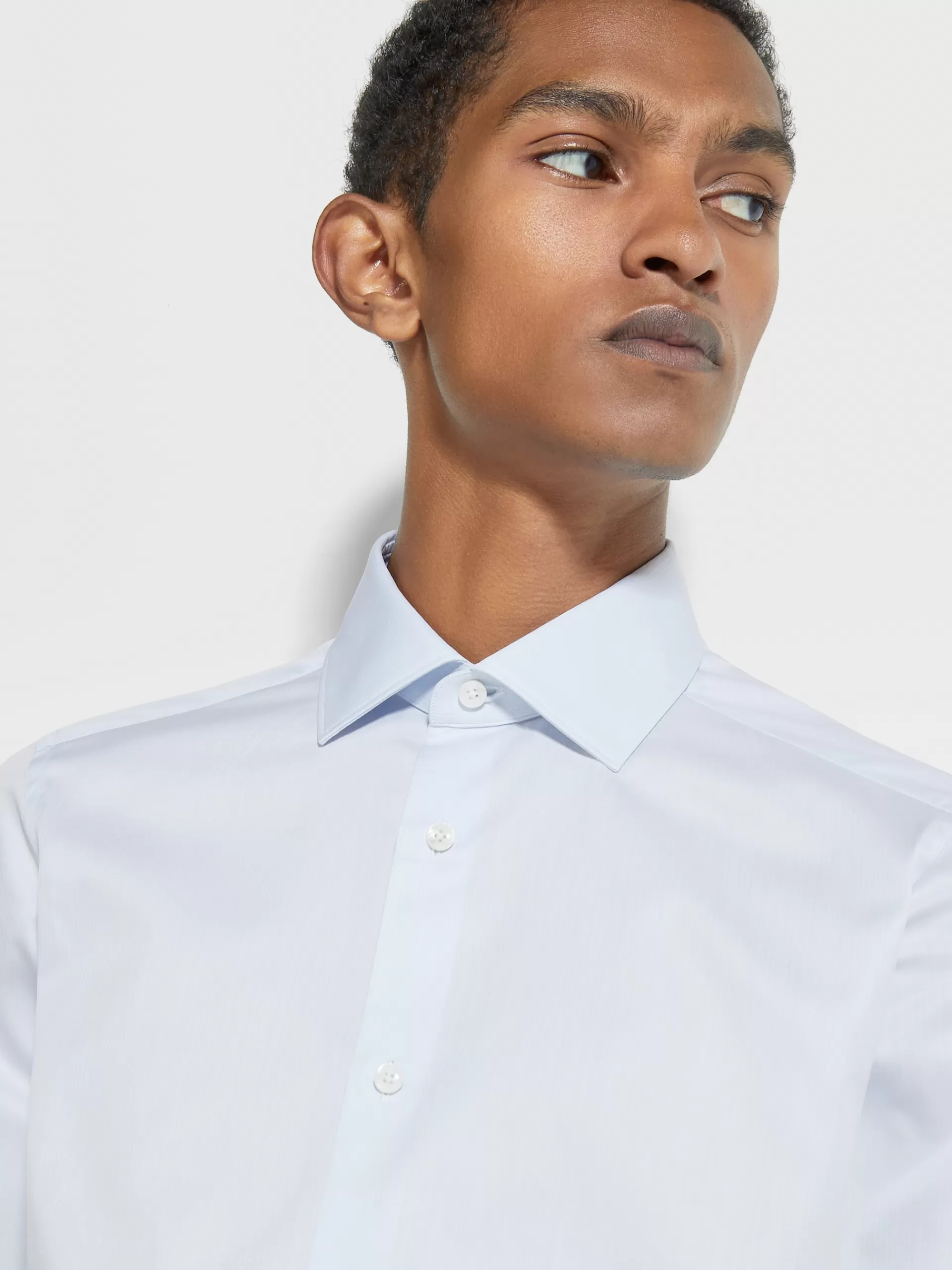 ZEGNA Camisas Para Homem^Camisa De Manga Comprida Tailoring De Algodao Trecapi De Microrriscas Brancas E Azul-Claro Branco/Azul-Claro