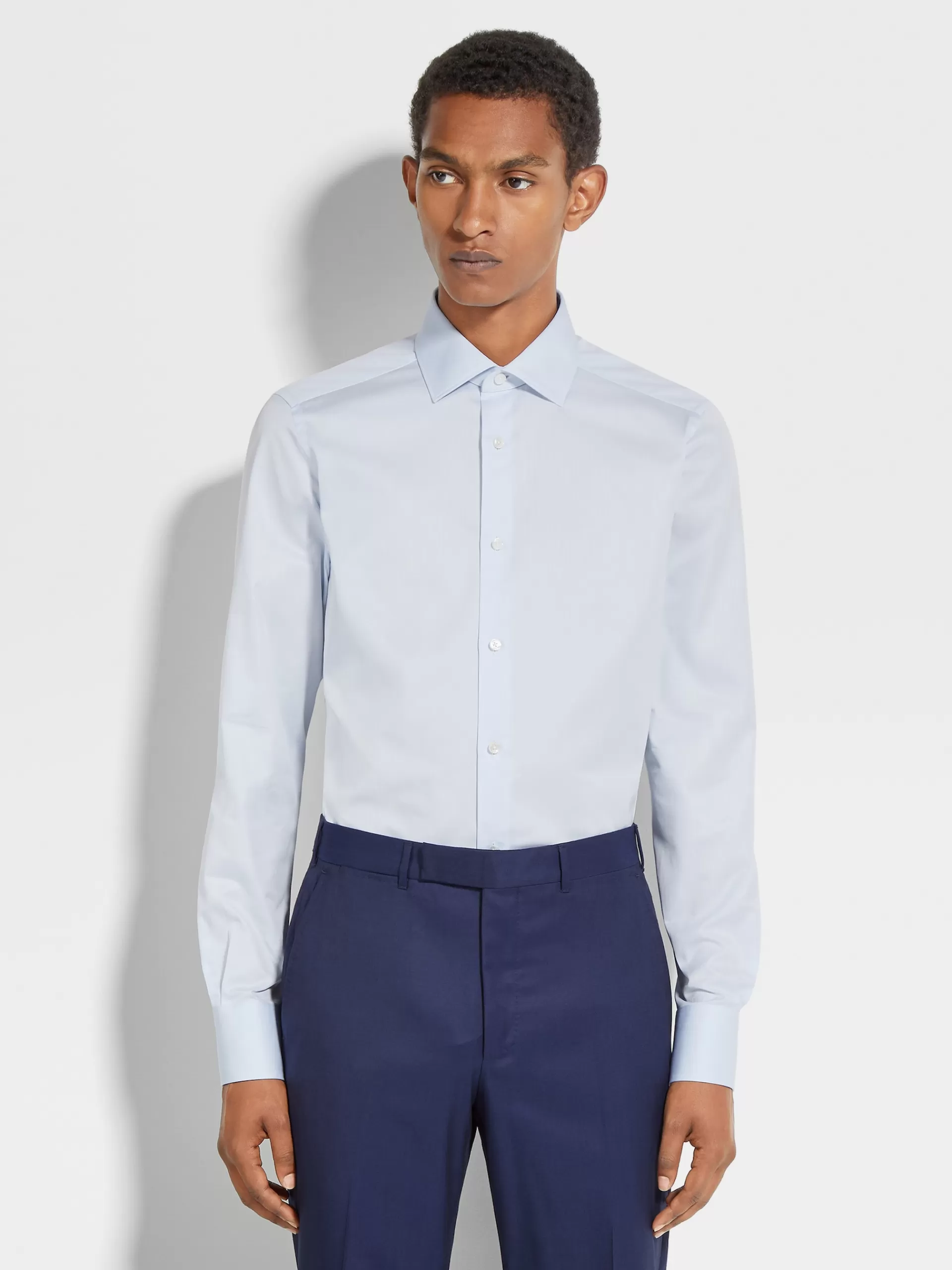 ZEGNA Camisas Para Homem^Camisa De Manga Comprida Tailoring De Algodao Trecapi De Microrriscas Brancas E Azul-Claro Branco/Azul-Claro